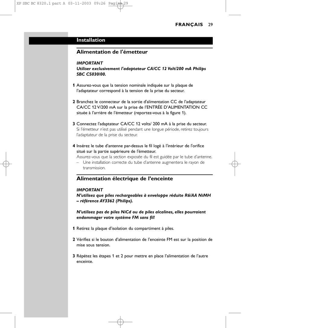 Philips SBC BC8320 manual Installation, Alimentation de lémetteur, Alimentation électrique de l’enceinte 