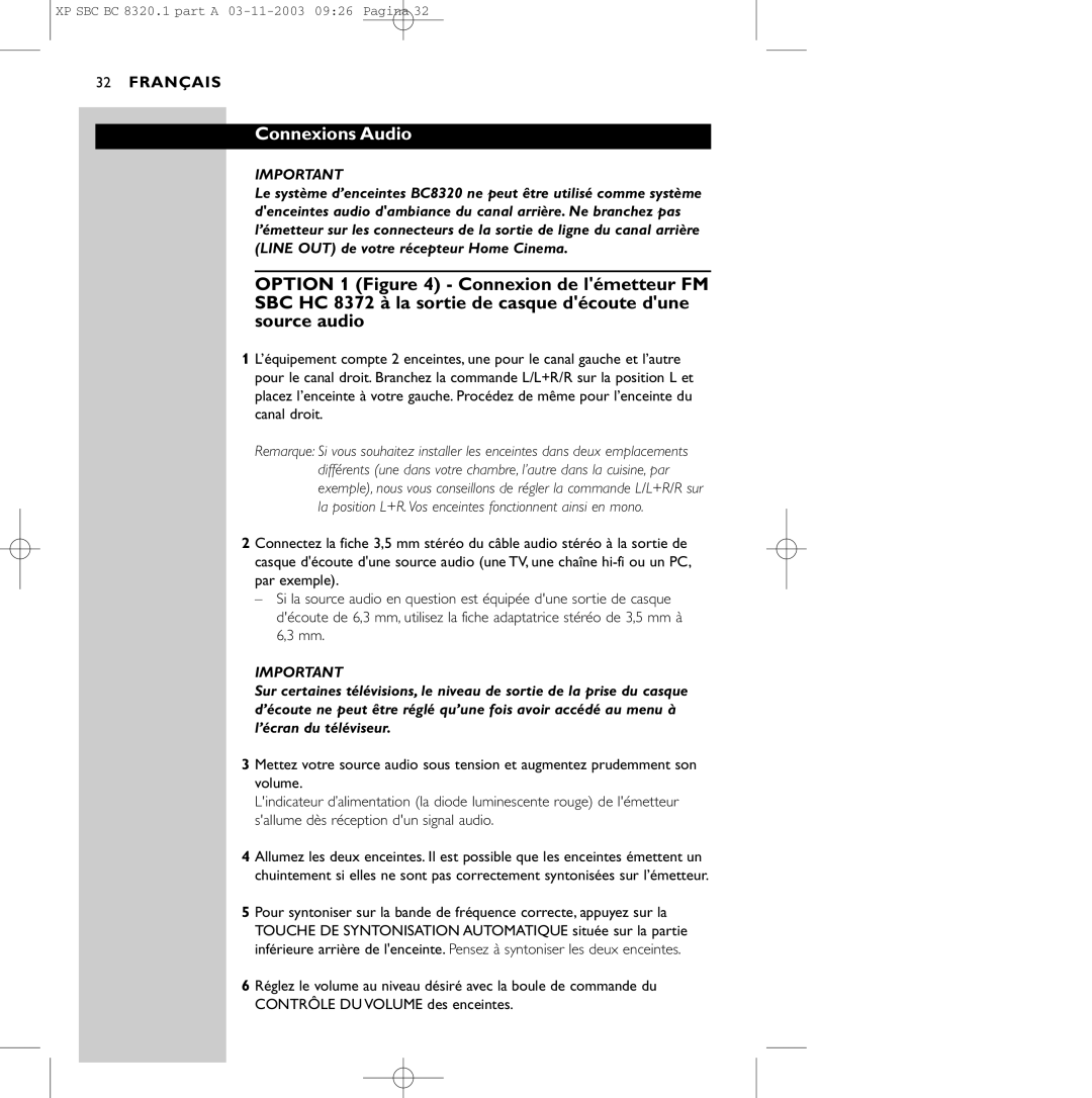 Philips SBC BC8320 manual Connexions Audio 