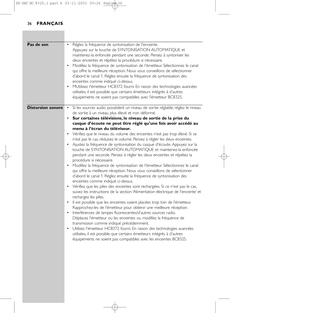 Philips SBC BC8320 manual Pas de son Réglez la fréquence de syntonisation de lenceinte 