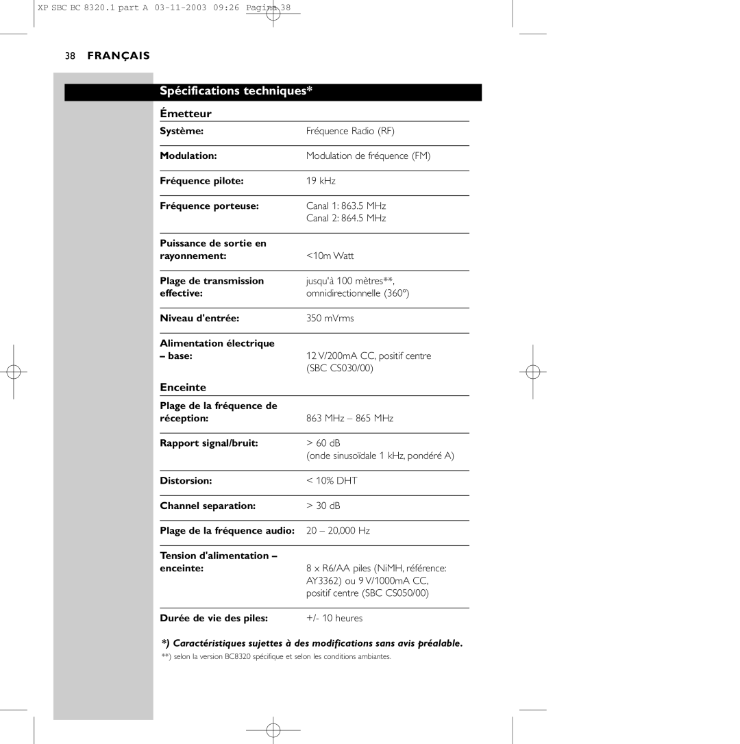 Philips SBC BC8320 manual Spécifications techniques* Émetteur, Enceinte 