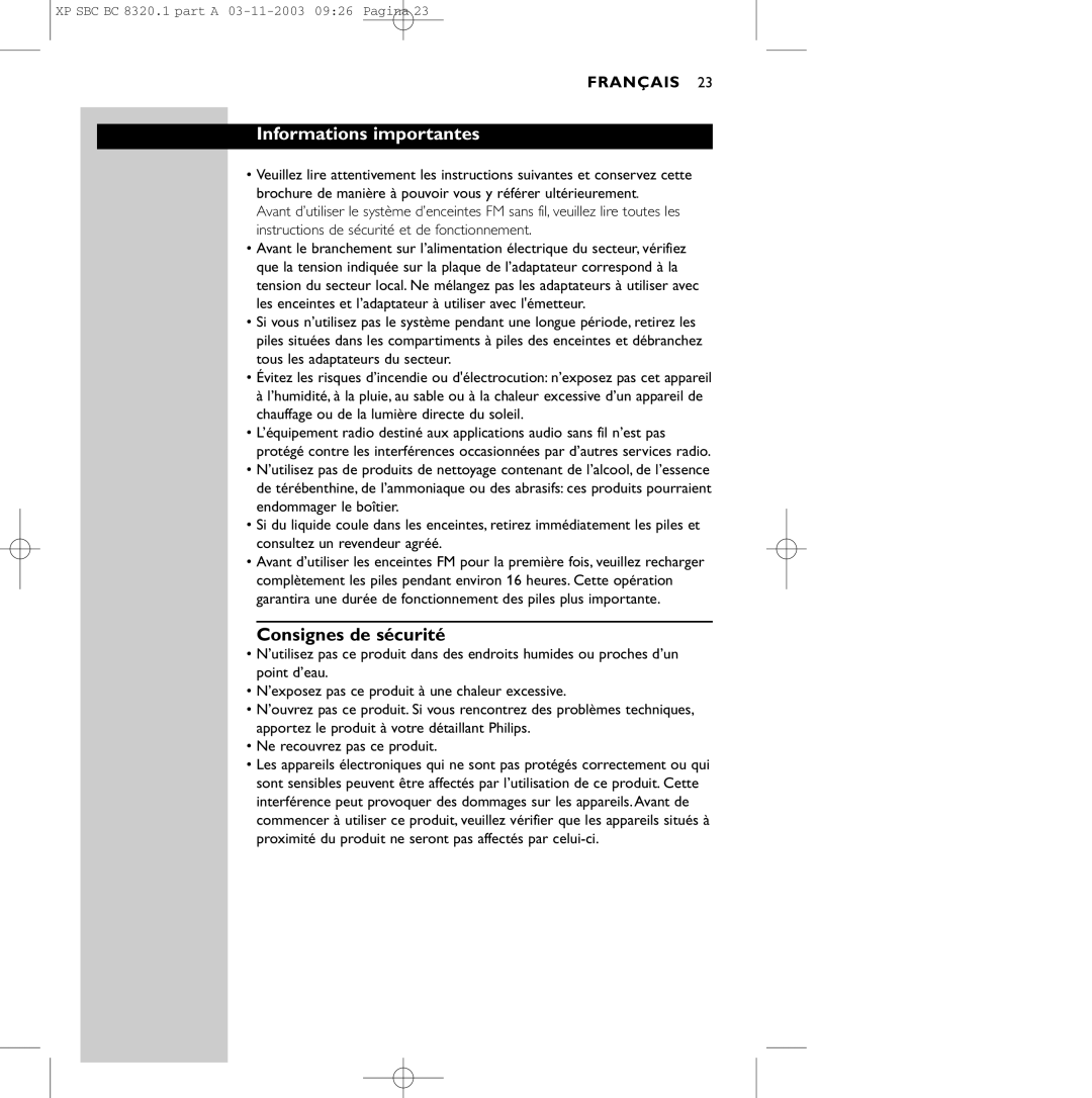 Philips SBC BC8320 manual Informations importantes, Consignes de sécurité 