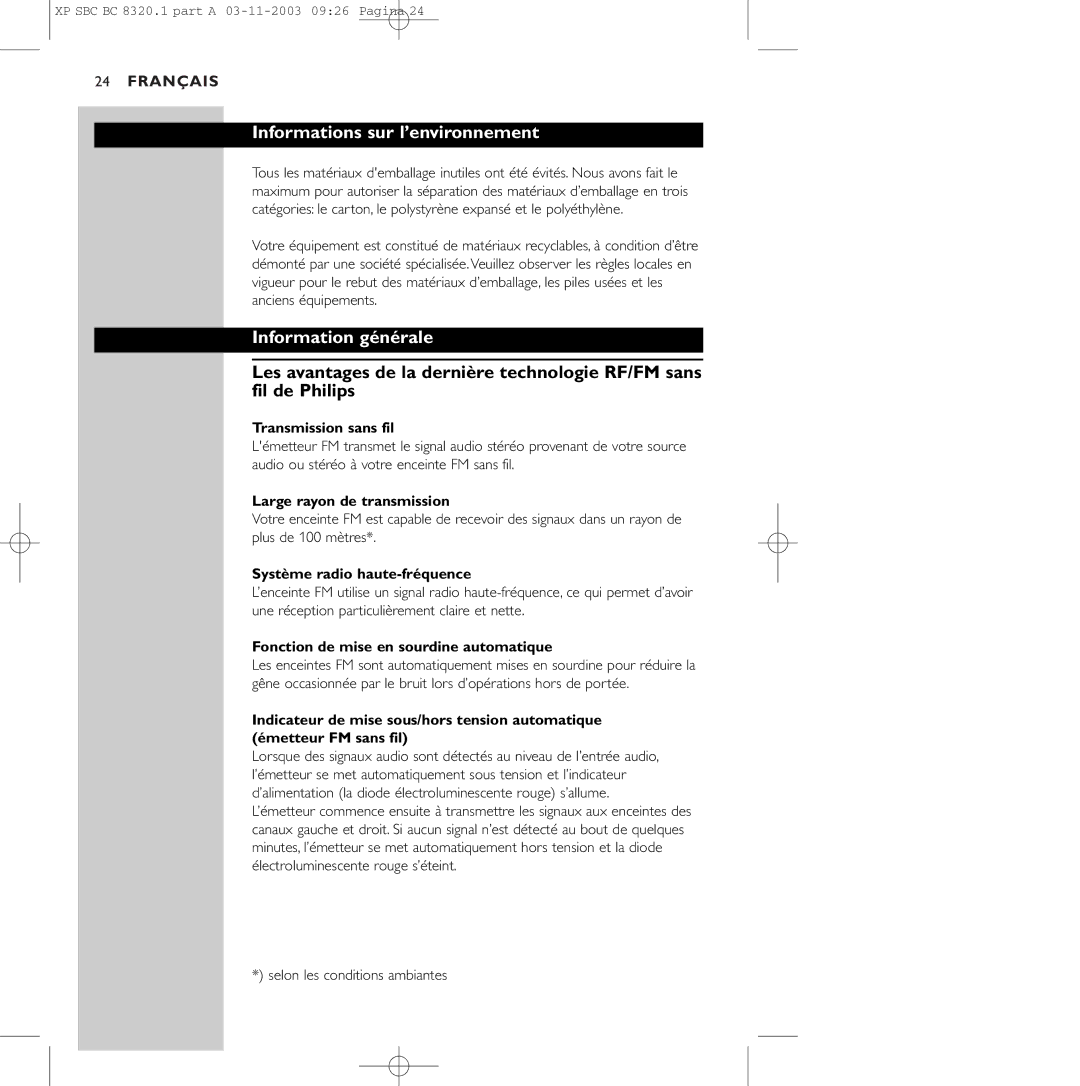 Philips SBC BC8320 manual Informations sur l’environnement, Information générale 