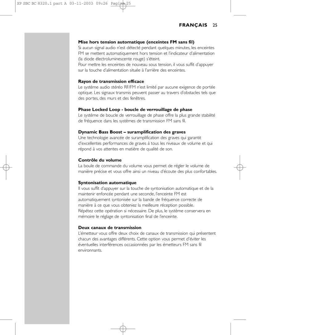 Philips SBC BC8320 Mise hors tension automatique enceintes FM sans fil, Rayon de transmission efficace, Contrôle du volume 