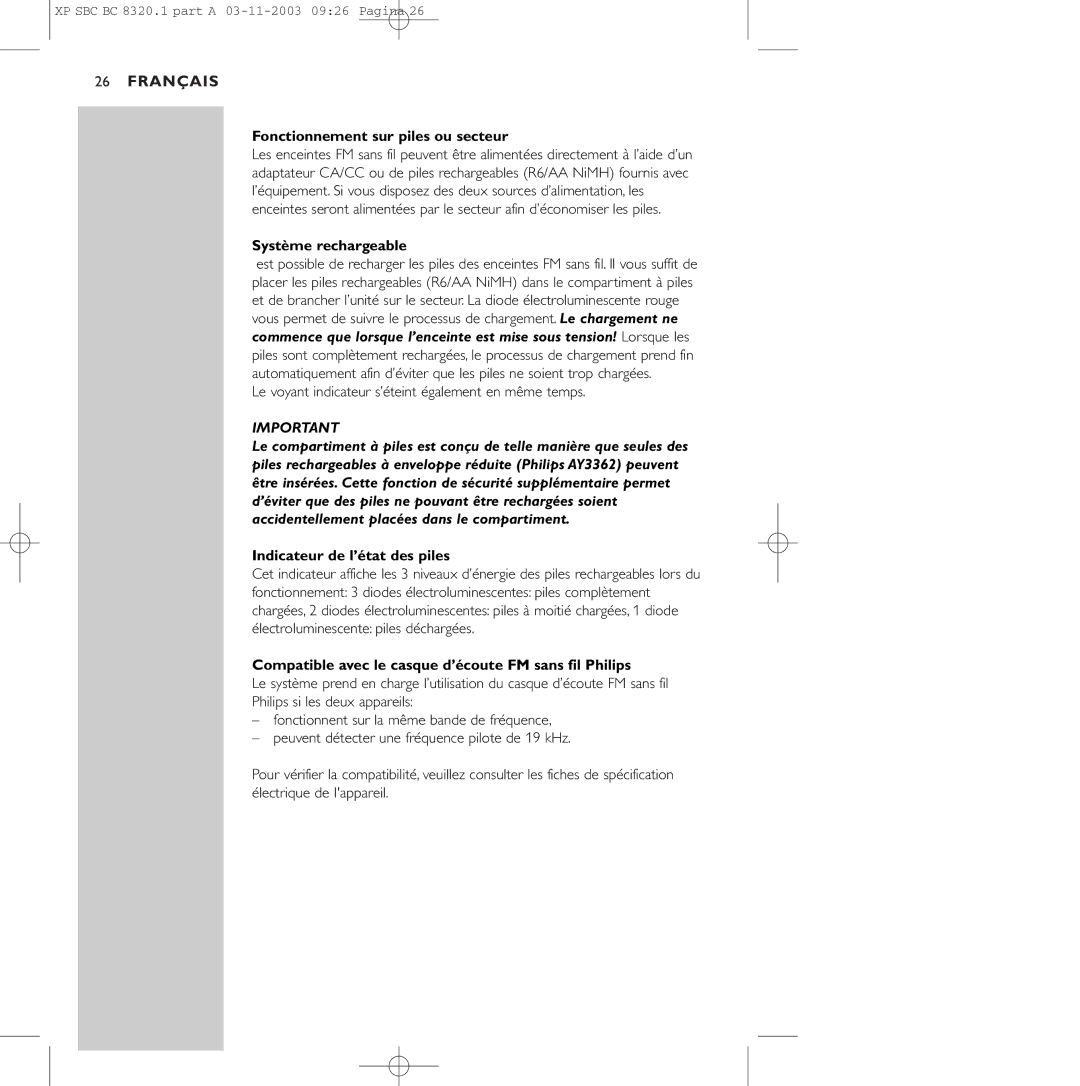 Philips SBC BC8320 manual Fonctionnement sur piles ou secteur, Système rechargeable, Indicateur de l’état des piles 