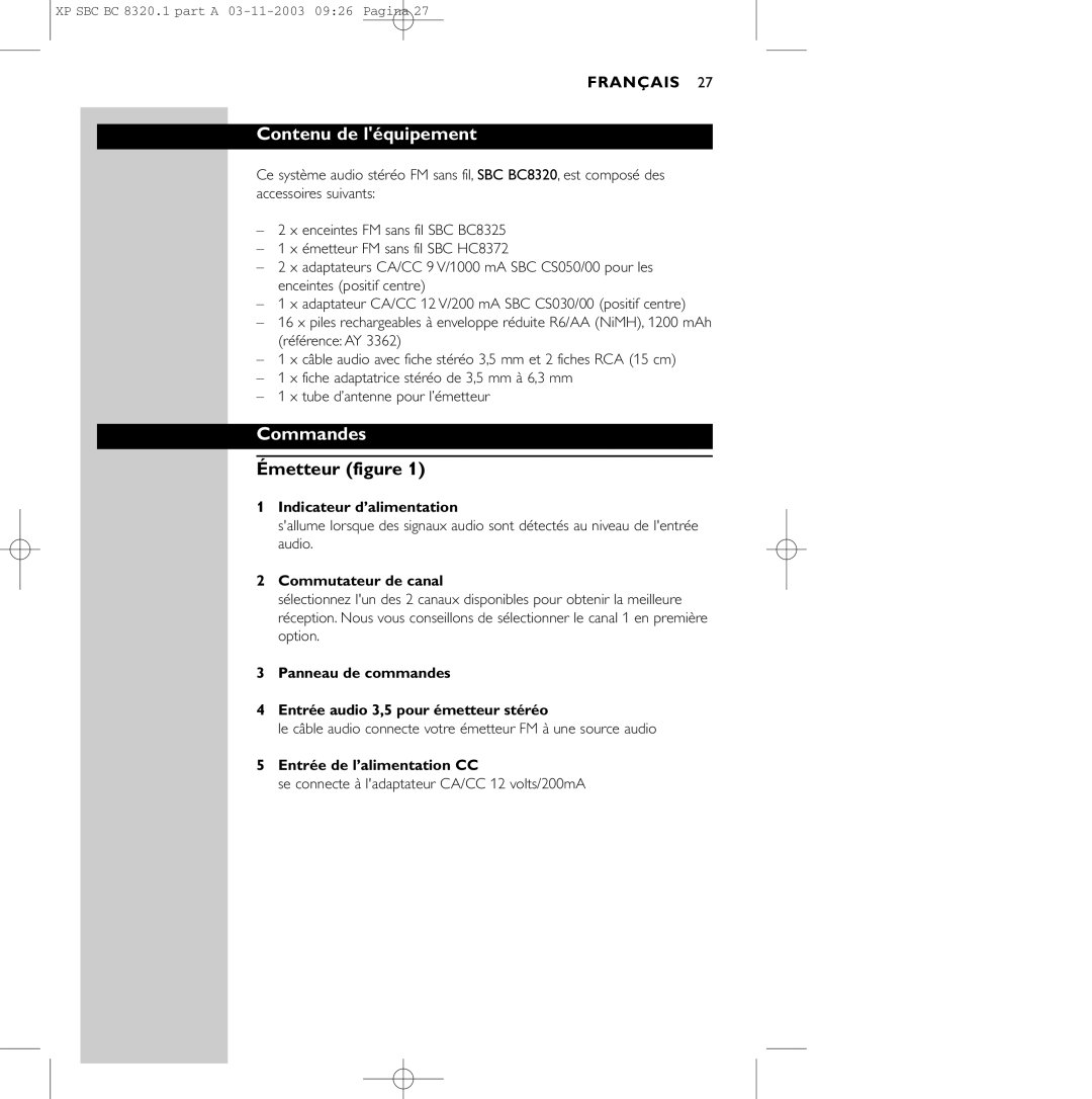 Philips SBC BC8320 manual Contenu de léquipement, Commandes, Émetteur figure 