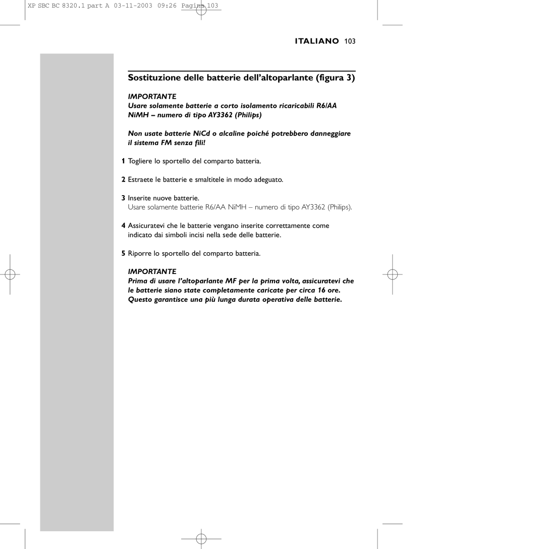 Philips SBC BC8320 manual Sostituzione delle batterie dell’altoparlante figura 