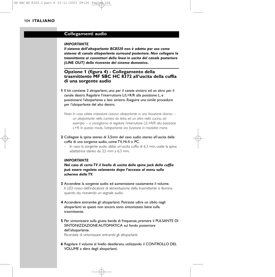 Philips SBC BC8320 manual Collegamenti audio 