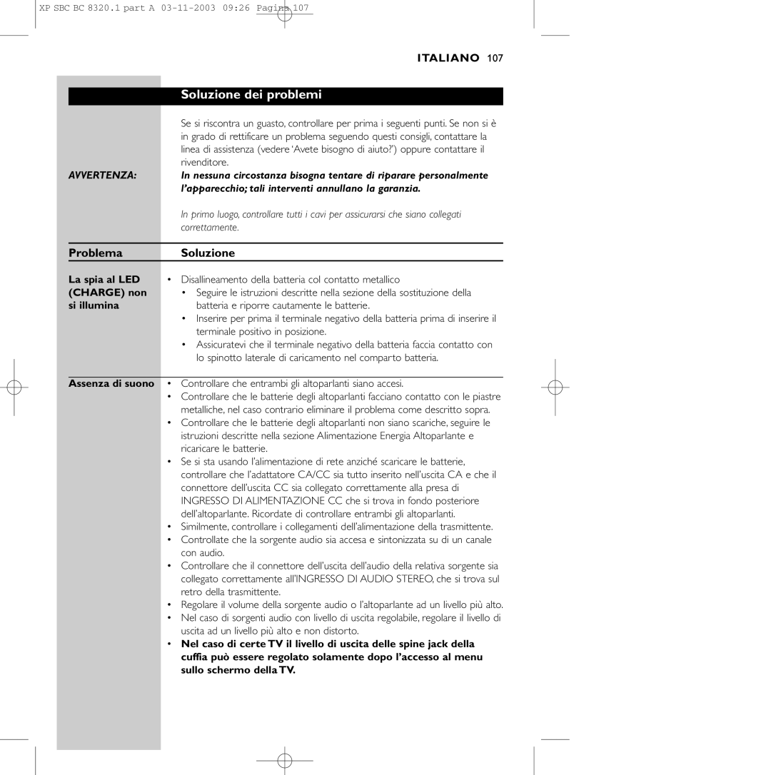 Philips SBC BC8320 manual Soluzione dei problemi, La spia al LED, Charge non, Si illumina 