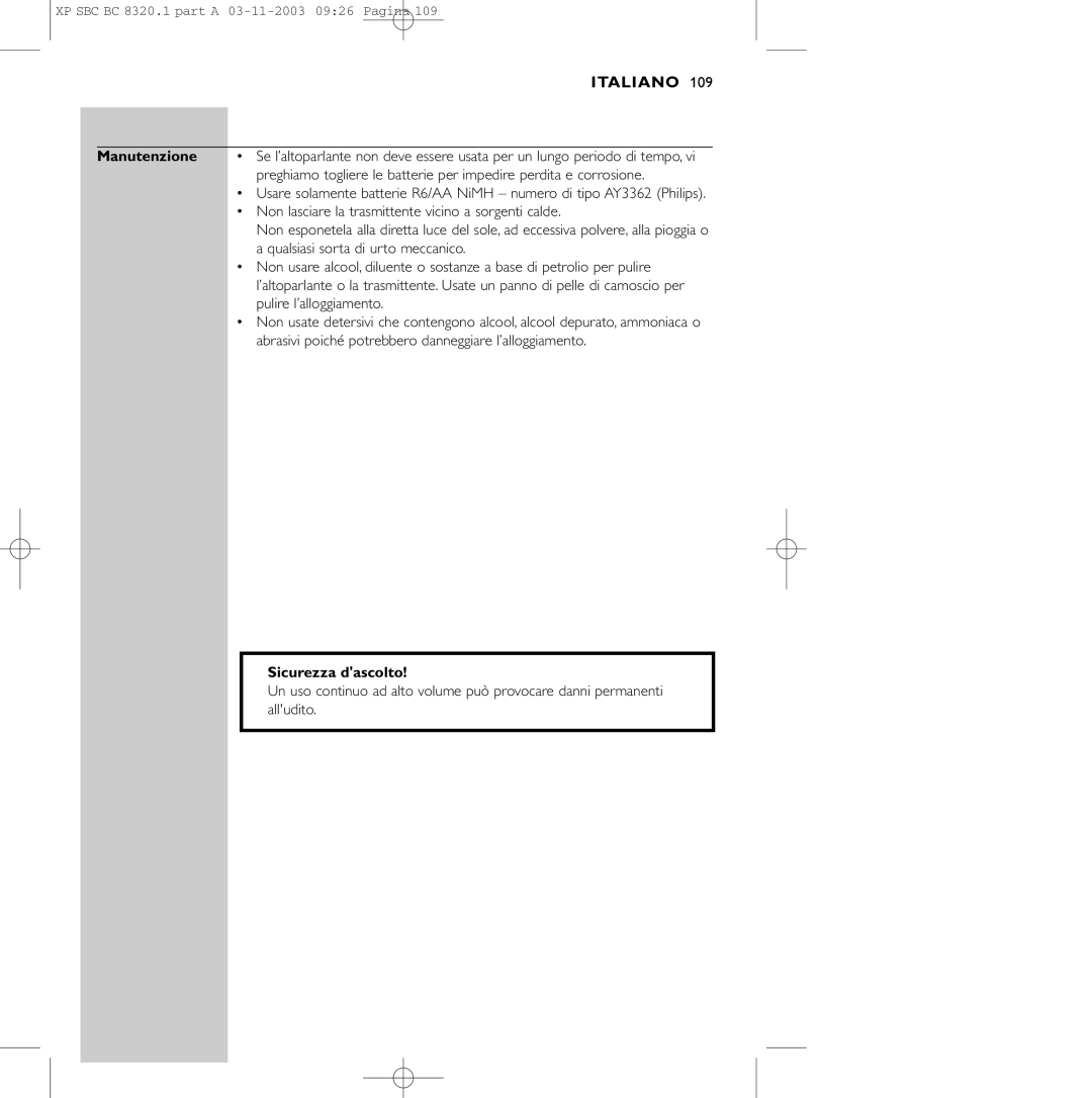 Philips SBC BC8320 manual Manutenzione, Sicurezza dascolto 