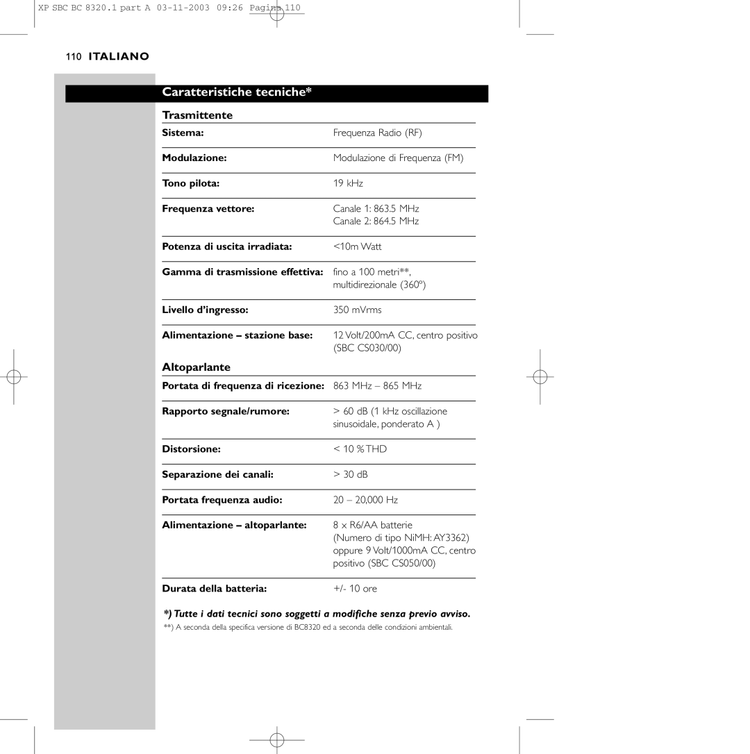 Philips SBC BC8320 manual Caratteristiche tecniche 