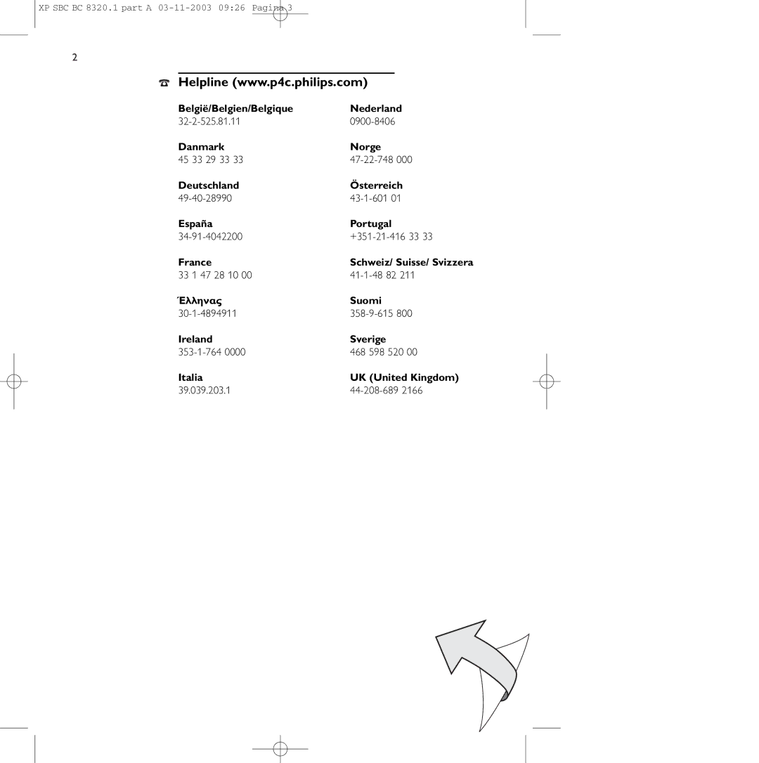 Philips SBC BC8320 manual België/Belgien/Belgique Nederland, Danmark Norge, Deutschland Österreich, España Portugal, France 