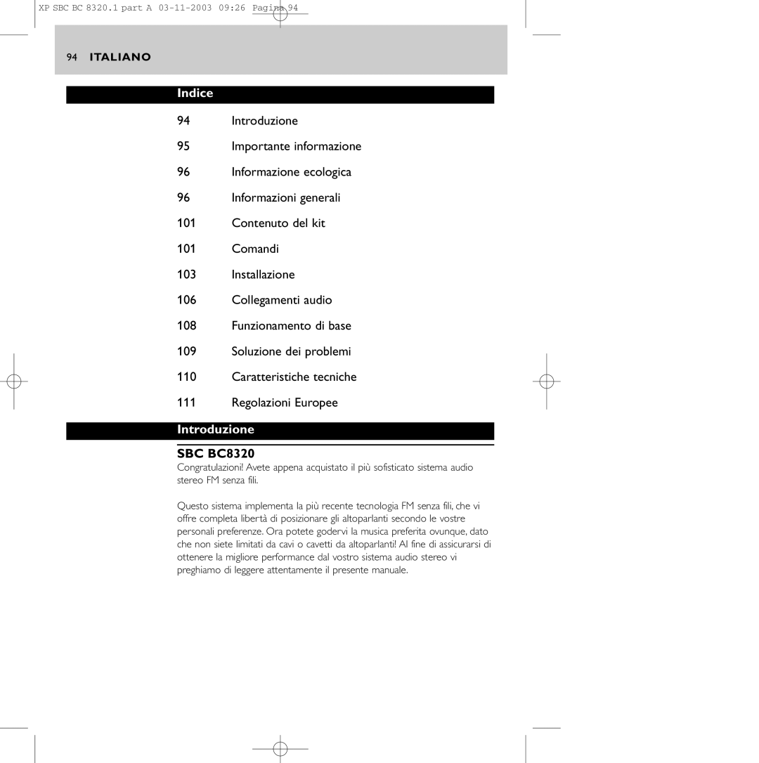 Philips SBC BC8320 manual Indice, Introduzione 