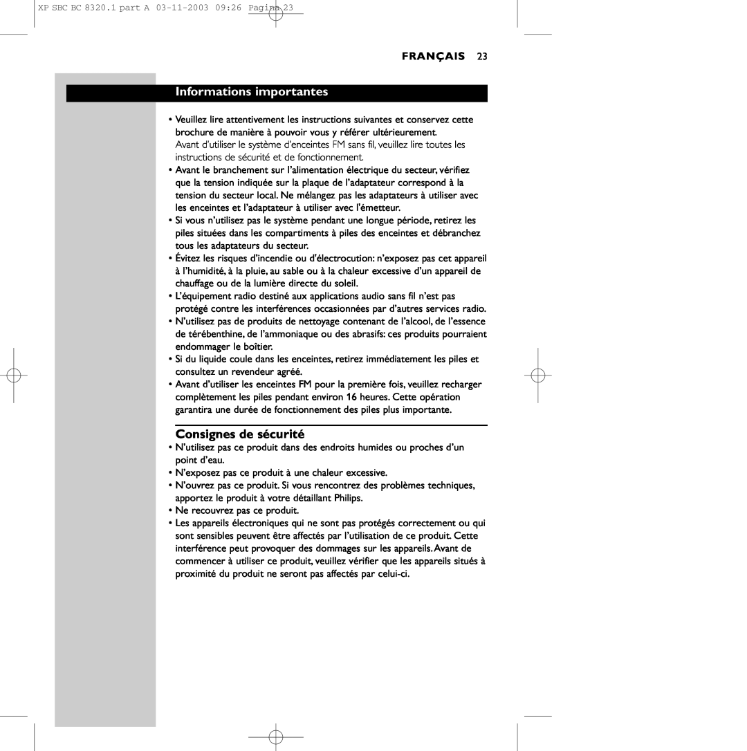 Philips SBC BC8320 manual Informations importantes, Consignes de sécurité, Français 
