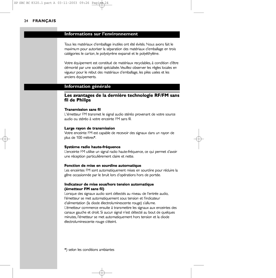 Philips SBC BC8320 manual Informations sur l’environnement, Information générale, 24FRANÇAIS, Transmission sans fil 