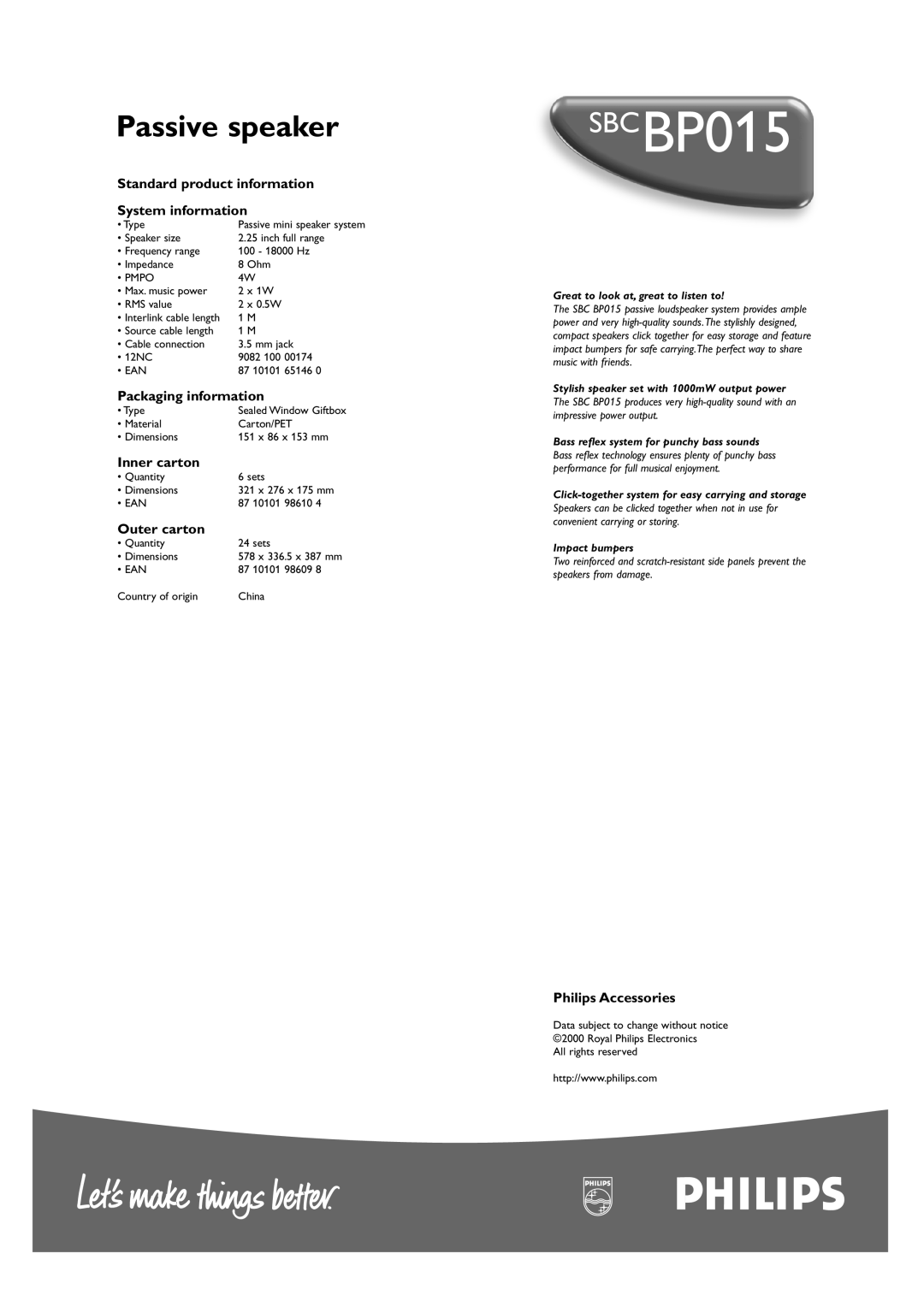 Philips SBC BP015 manual SBCBP015, Passive speaker, Standard product information System information, Packaging information 