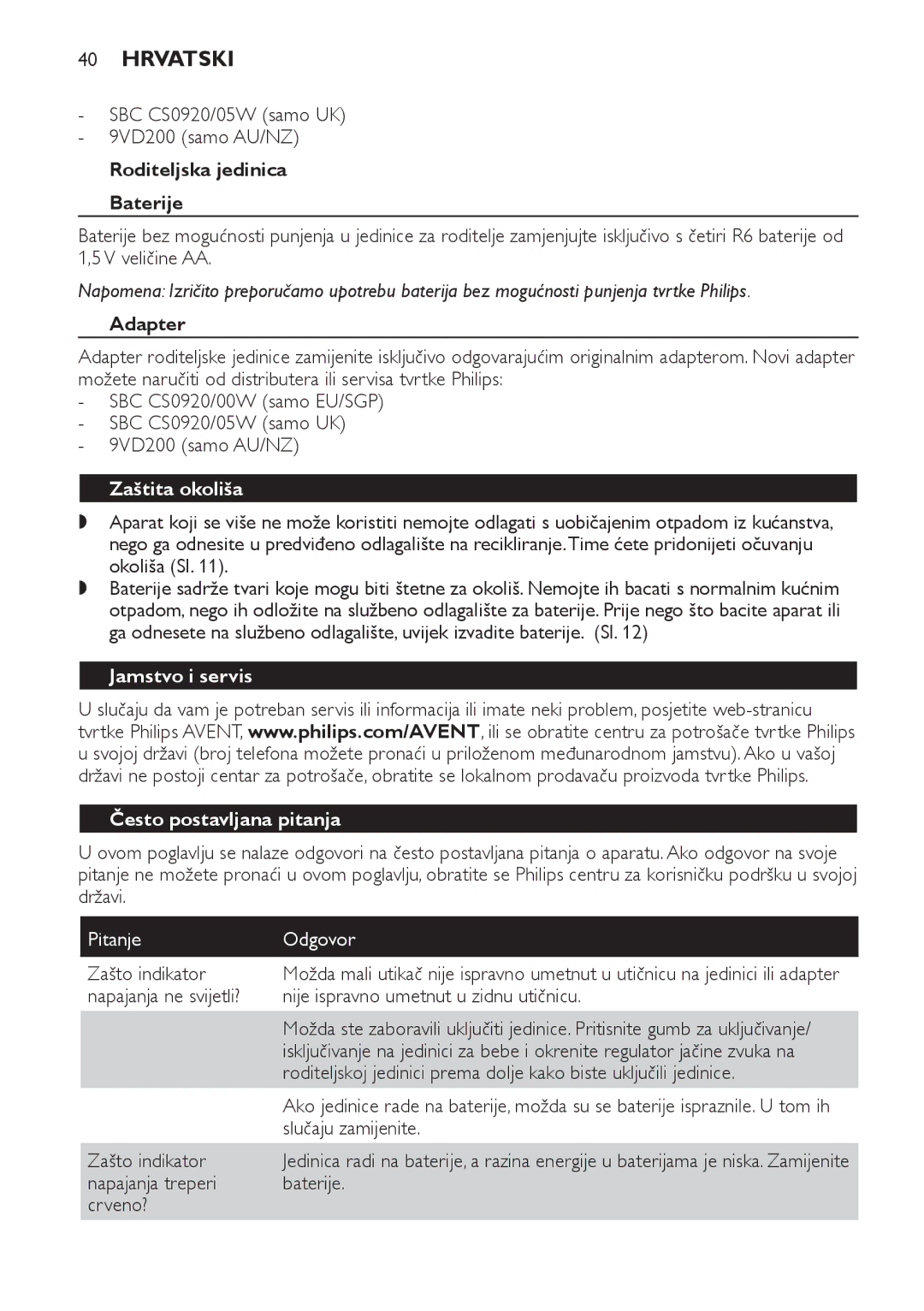Philips SBC CS0920/00W, SCD480 Roditeljska jedinica Baterije, Zaštita okoliša, Jamstvo i servis Često postavljana pitanja 