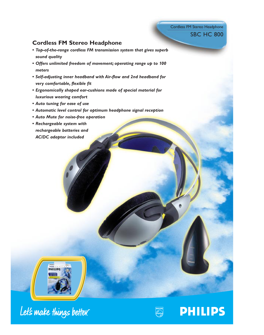 Philips SBC HC 800 manual Sbc Hc, Cordless FM Stereo Headphone 