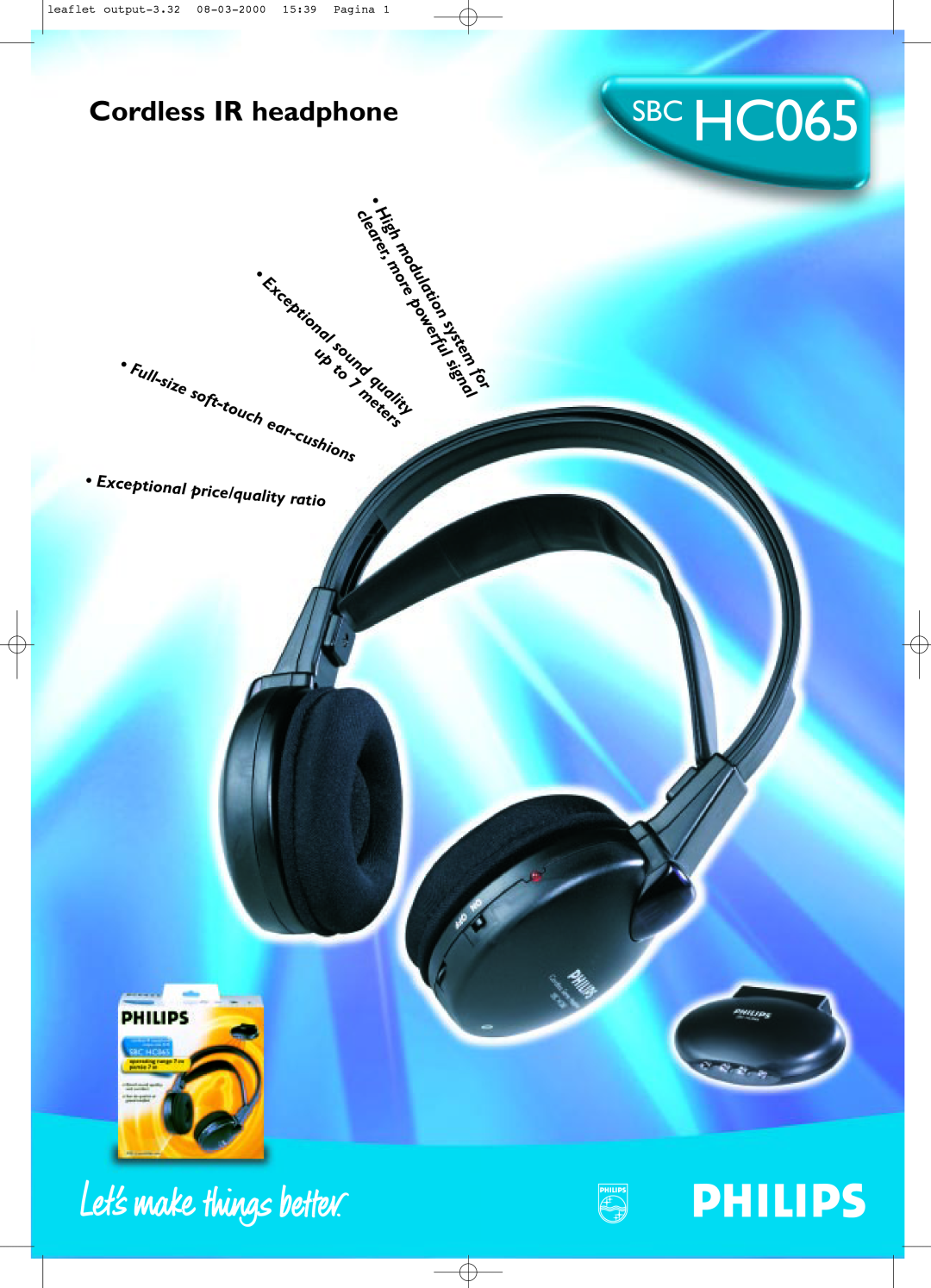 Philips SBC HC065 manual Cordless IR headphone, quality, meters, High clearer, modulation, powerful, signalfor, soft, more 