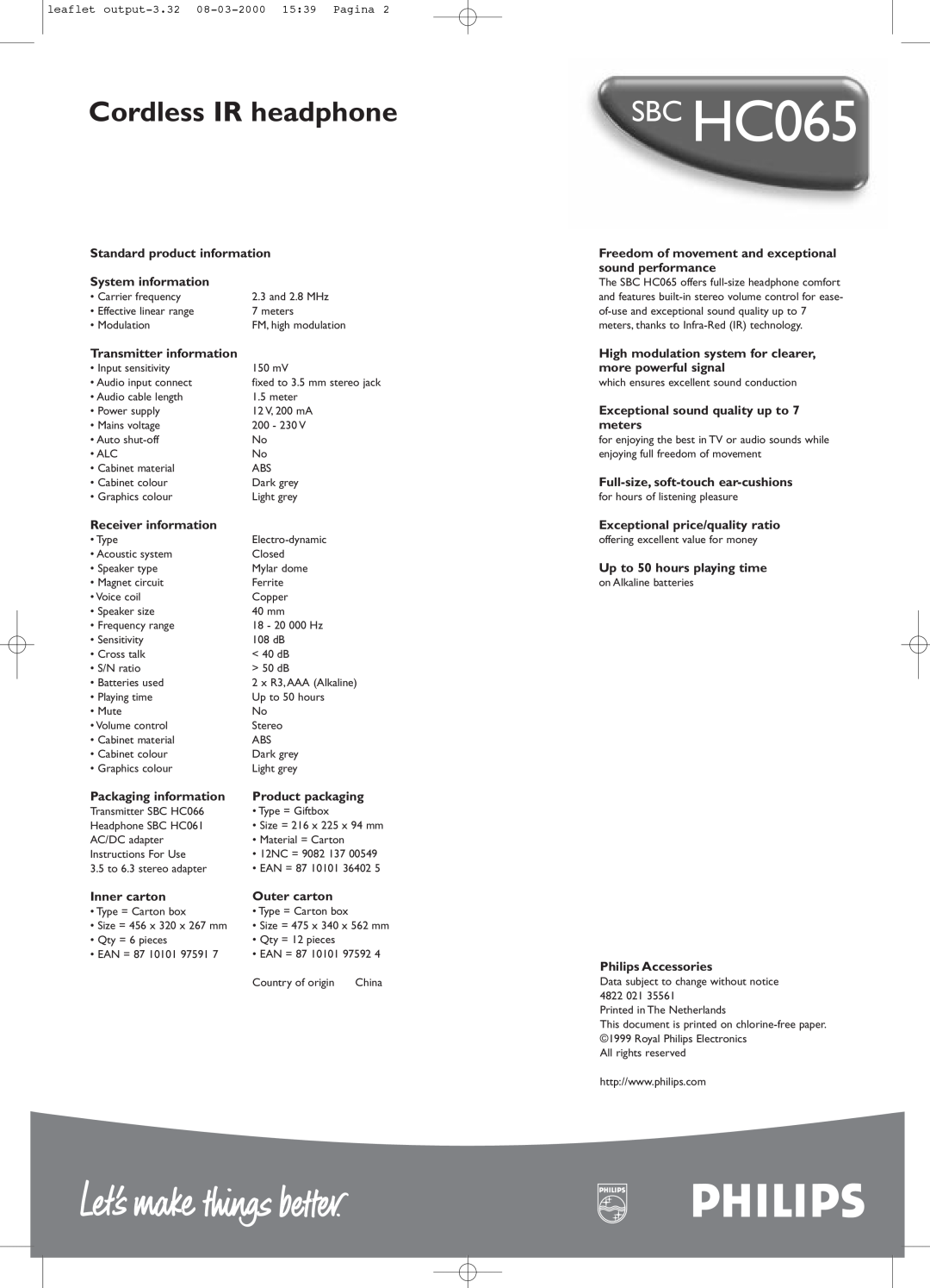 Philips SBC HC065 manual Cordless IR headphone 