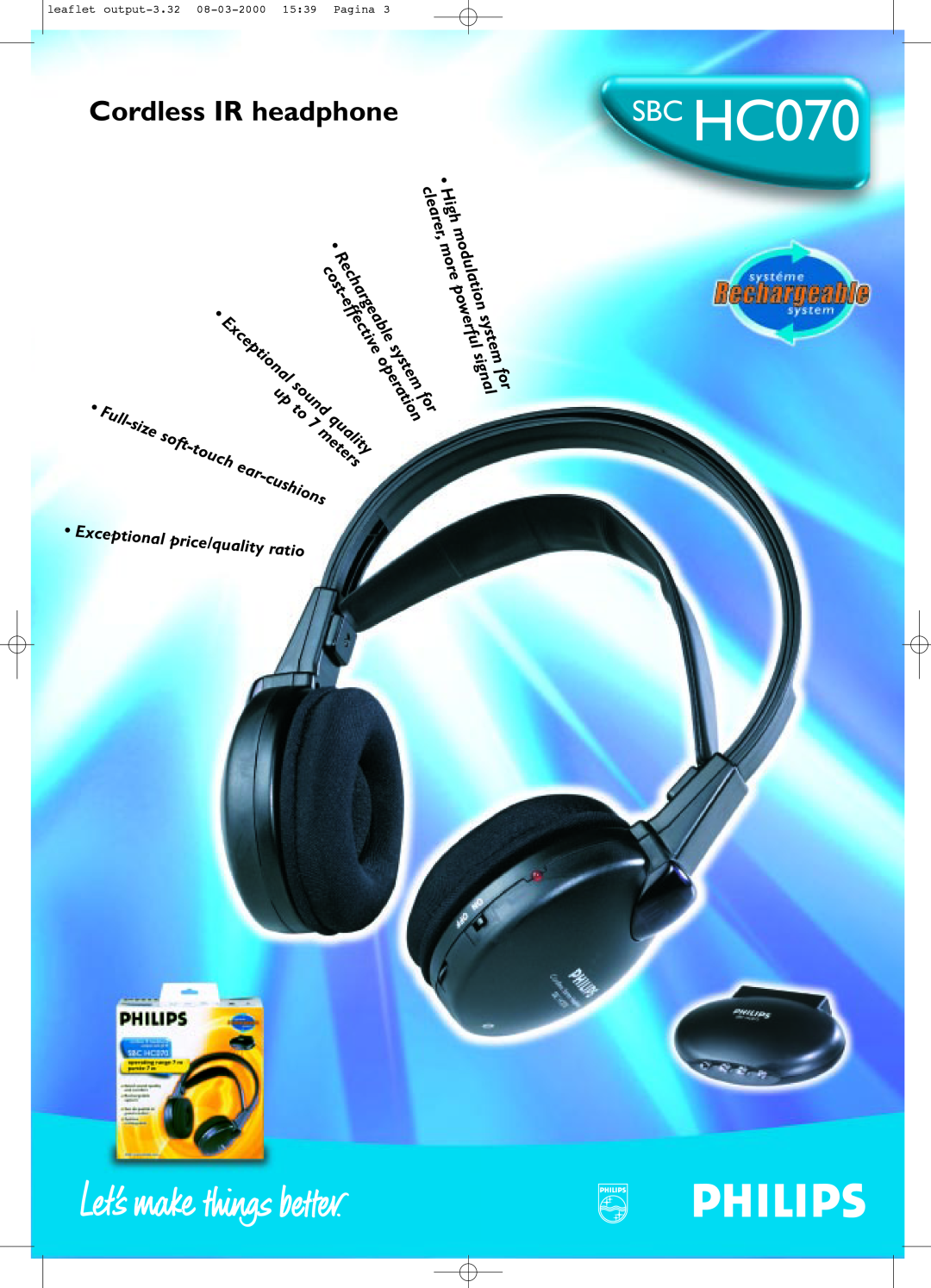 Philips SBC HC070 manual Cordless IR headphone, quality, effective, operation, system, touch, soft, clearer,High, cost 