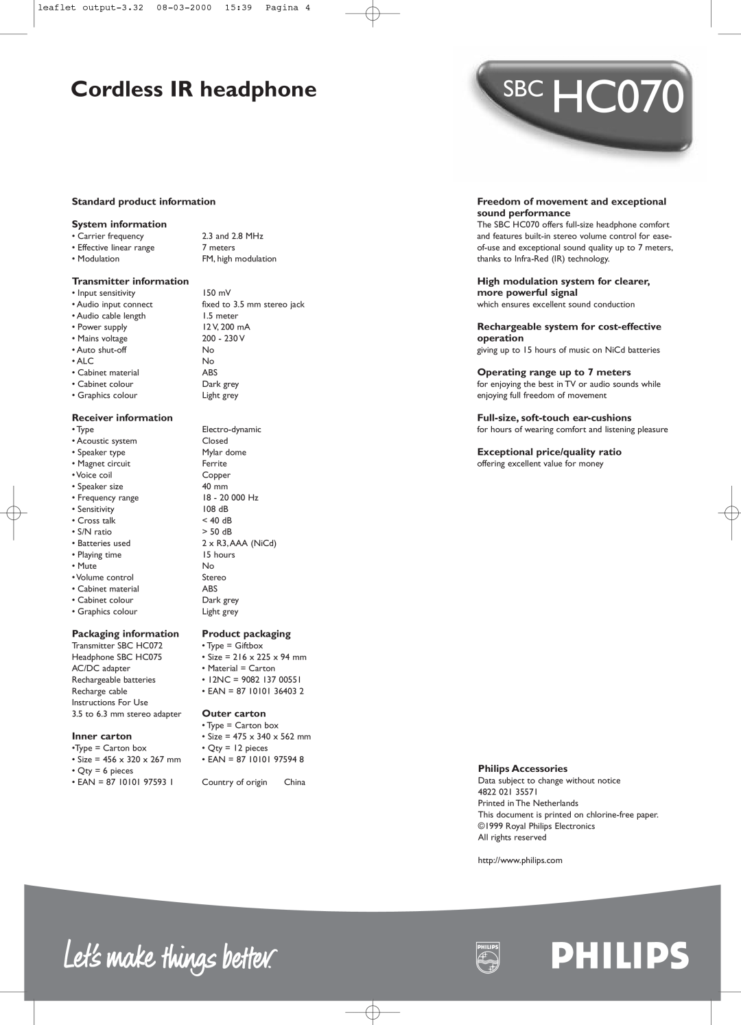 Philips SBC HC070 manual Cordless IR headphone 