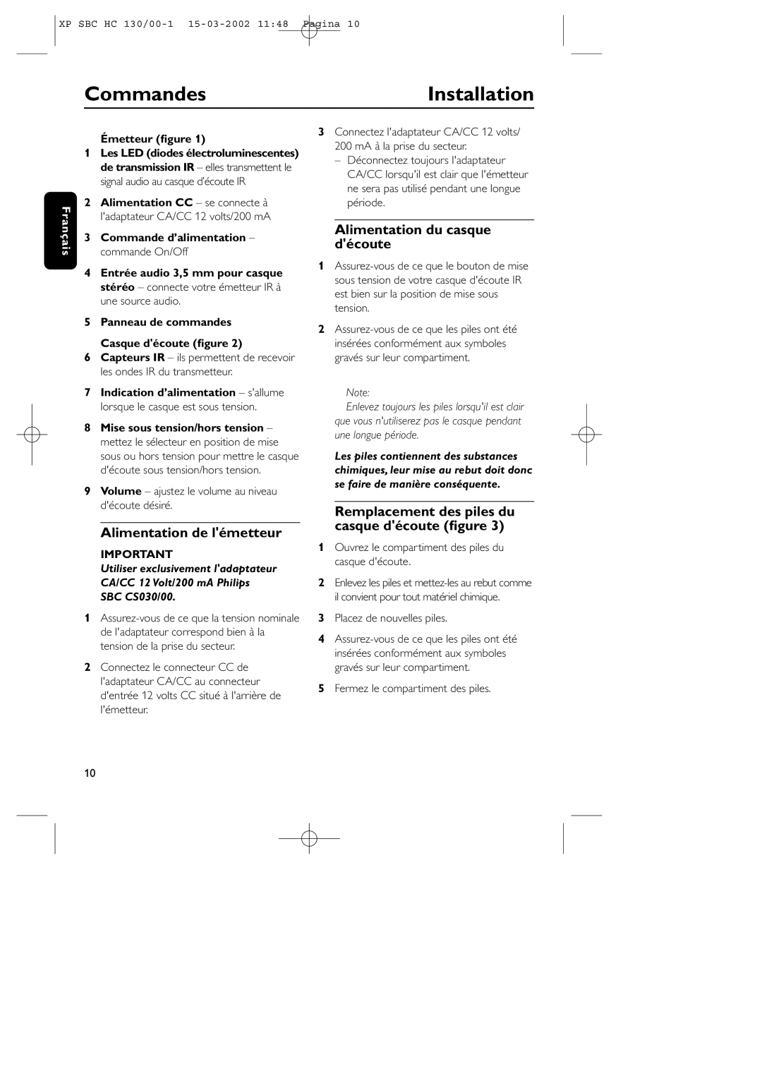 Philips SBC HC130 manual CommandesInstallation, Alimentation de lémetteur, Alimentation du casque découte, Émetteur ﬁgure 