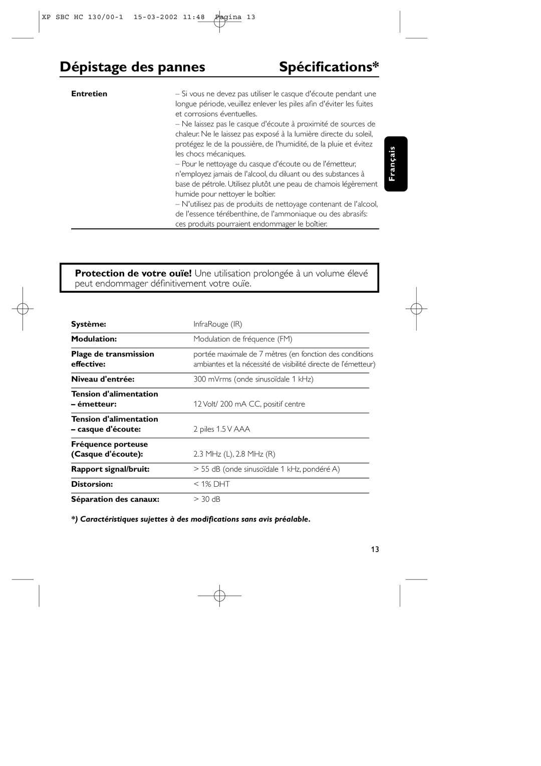 Philips SBC HC130 manual Spéciﬁcations, Entretien, Effective 