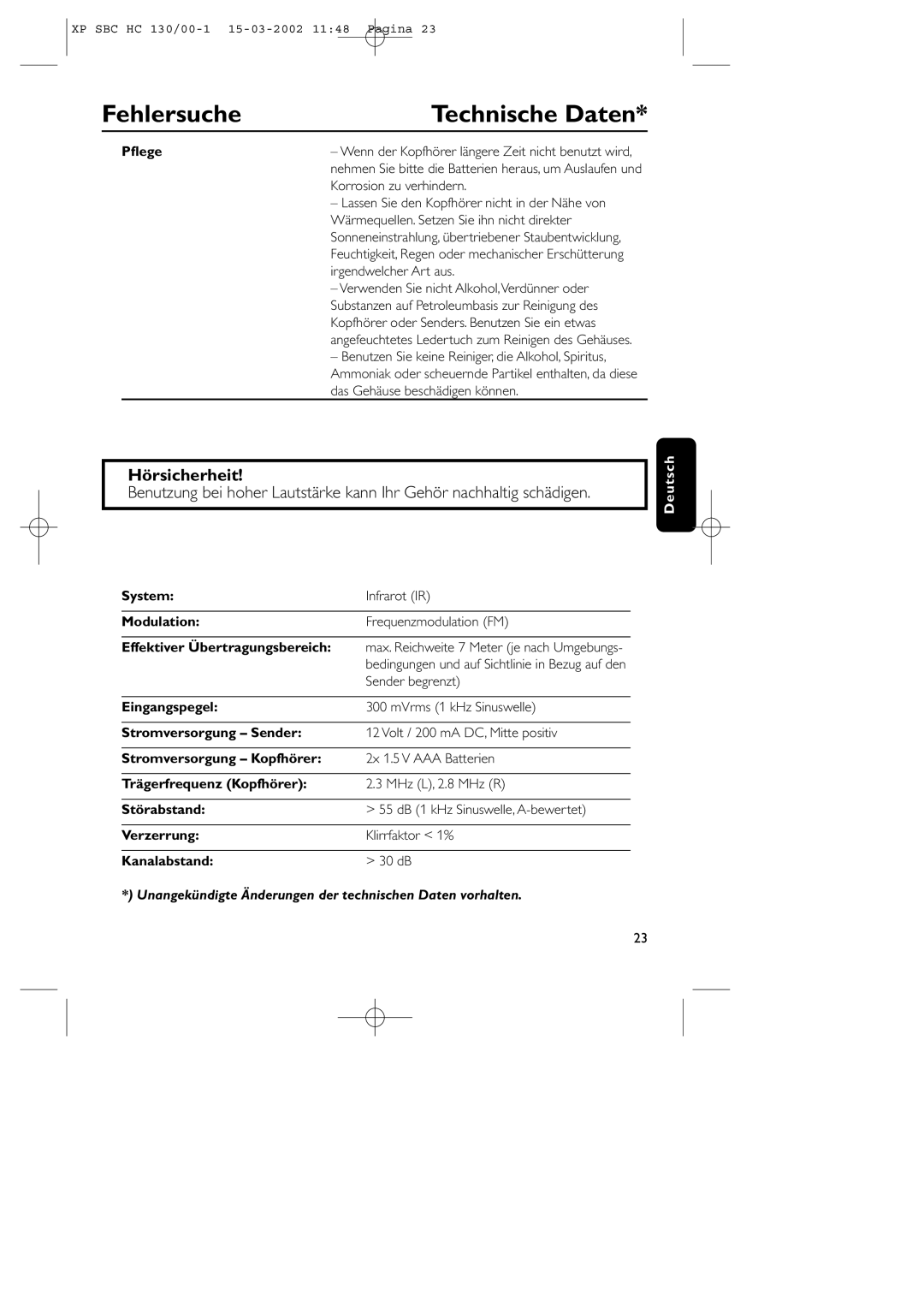 Philips SBC HC130 manual Technische Daten, Hörsicherheit, Unangekündigte Änderungen der technischen Daten vorhalten 