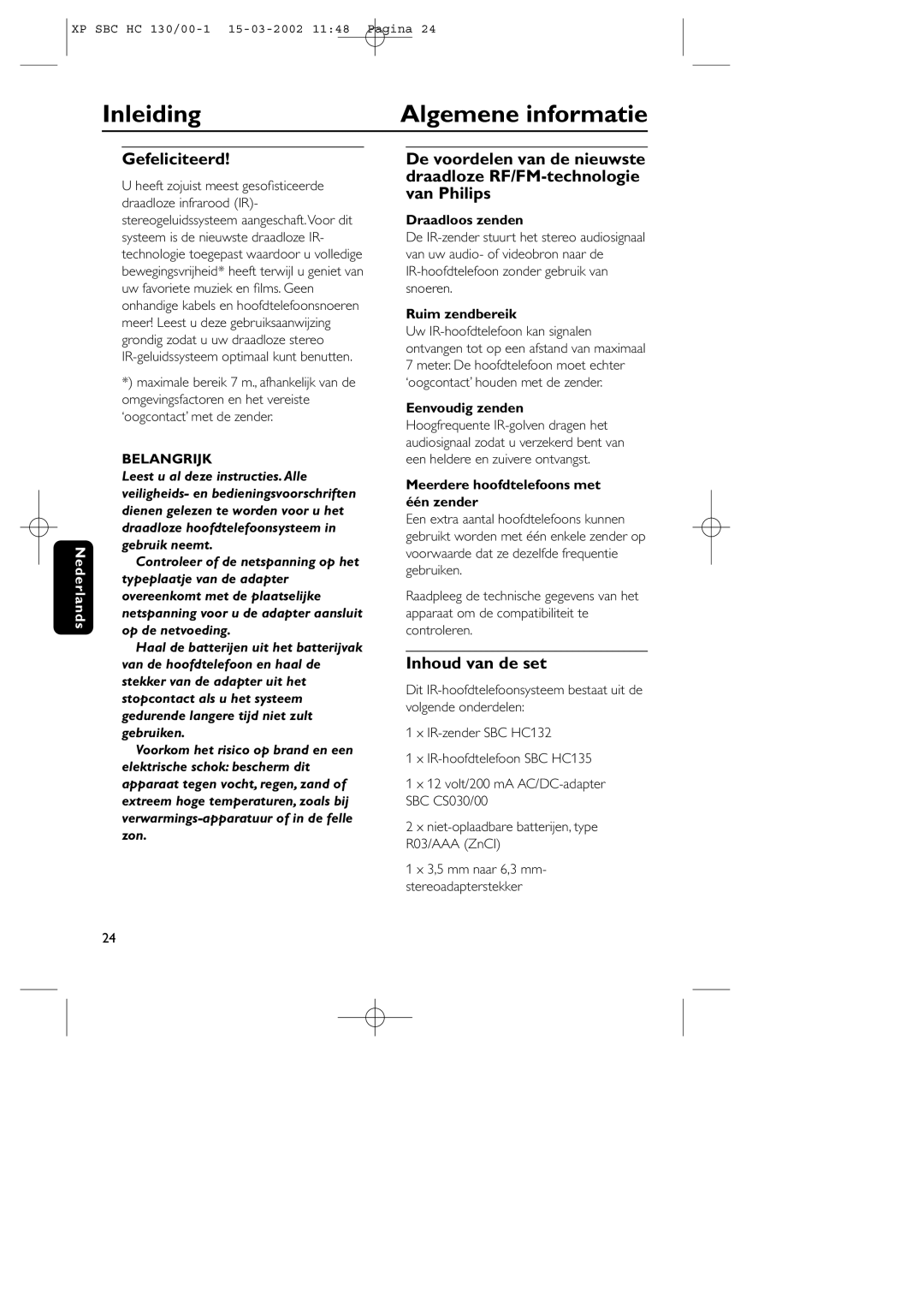 Philips SBC HC130 manual Inleiding Algemene informatie, Gefeliciteerd, Inhoud van de set 