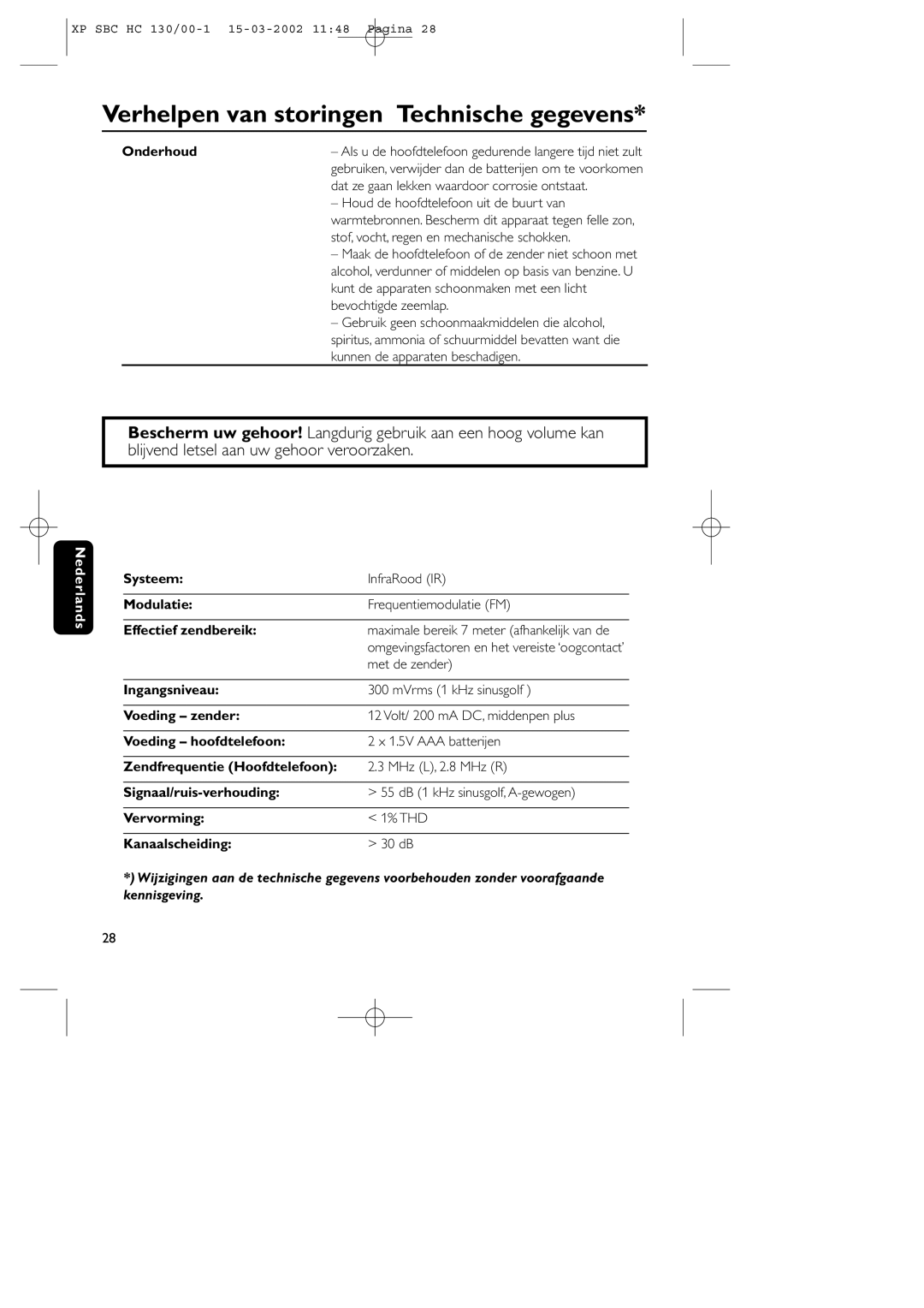 Philips SBC HC130 manual Verhelpen van storingen Technische gegevens 