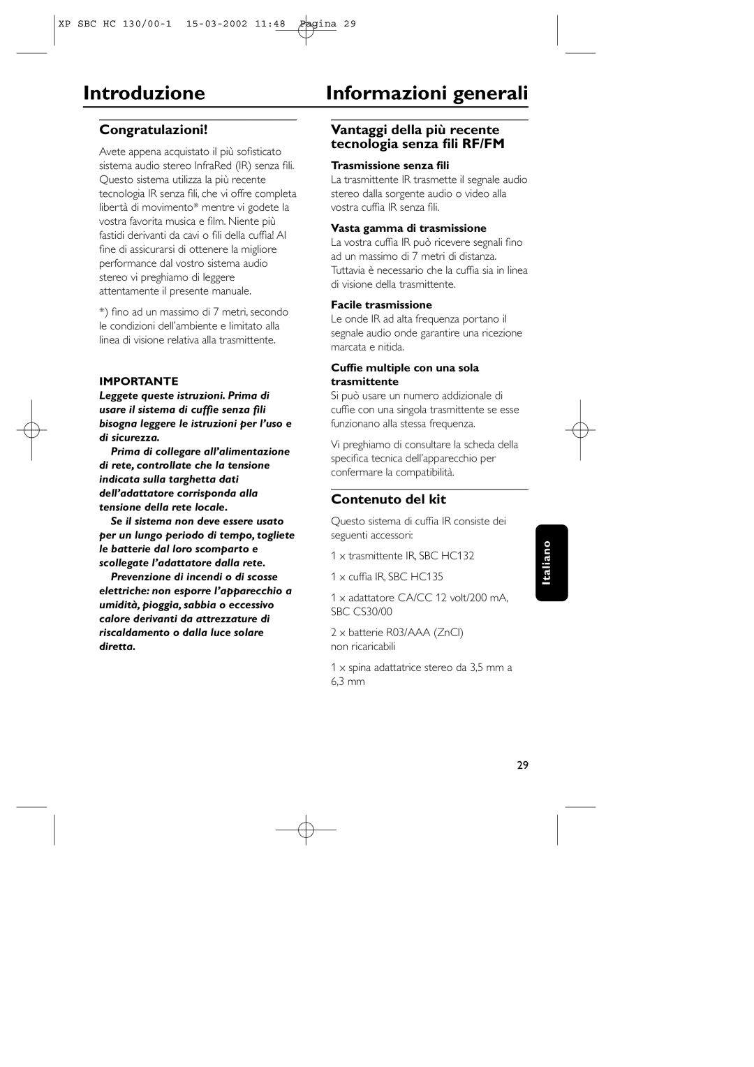 Philips SBC HC130 manual Introduzione Informazioni generali, Congratulazioni, Contenuto del kit 