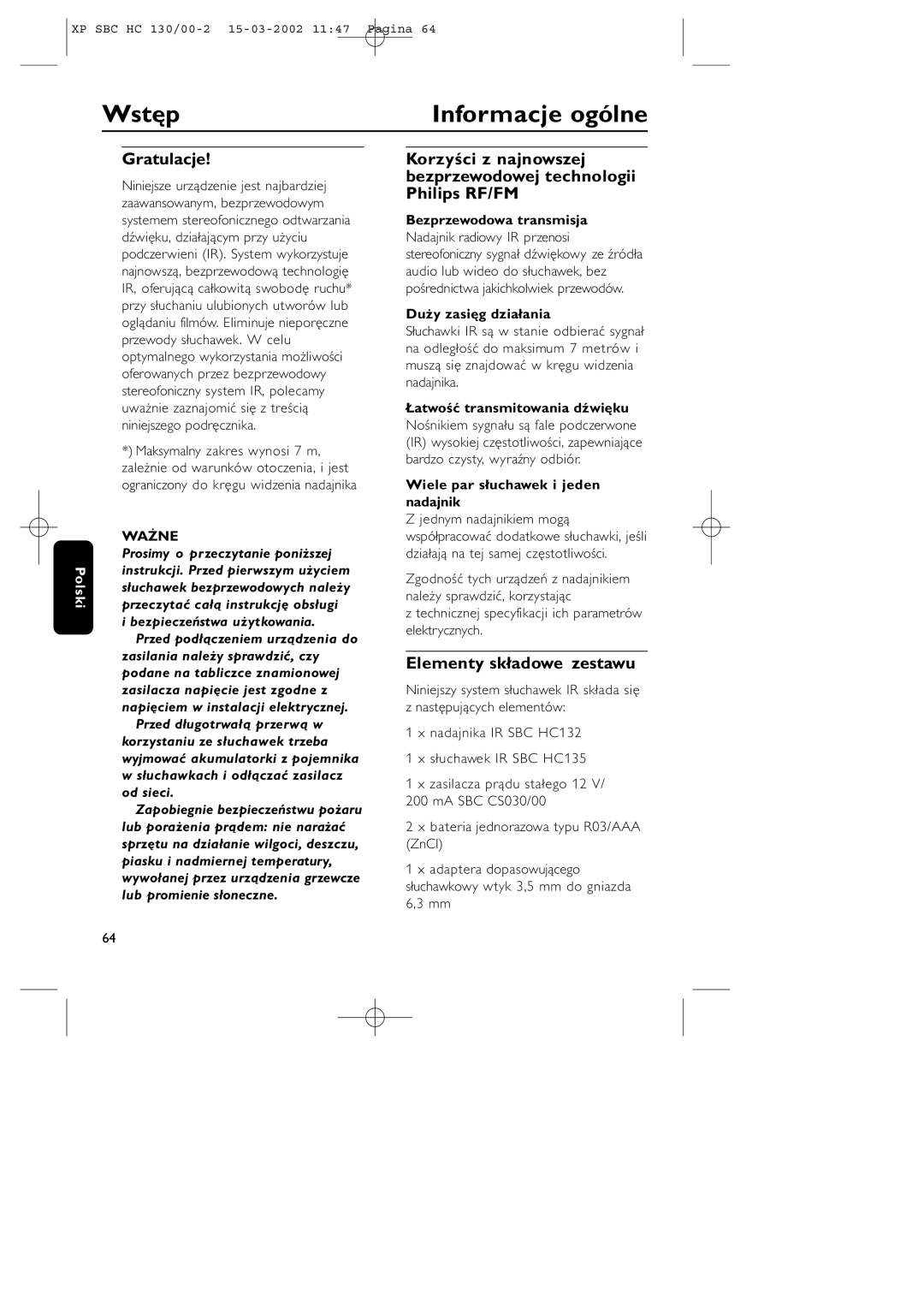 Philips SBC HC130 manual Wstęp Informacje ogólne, Gratulacje, Elementy składowe zestawu 