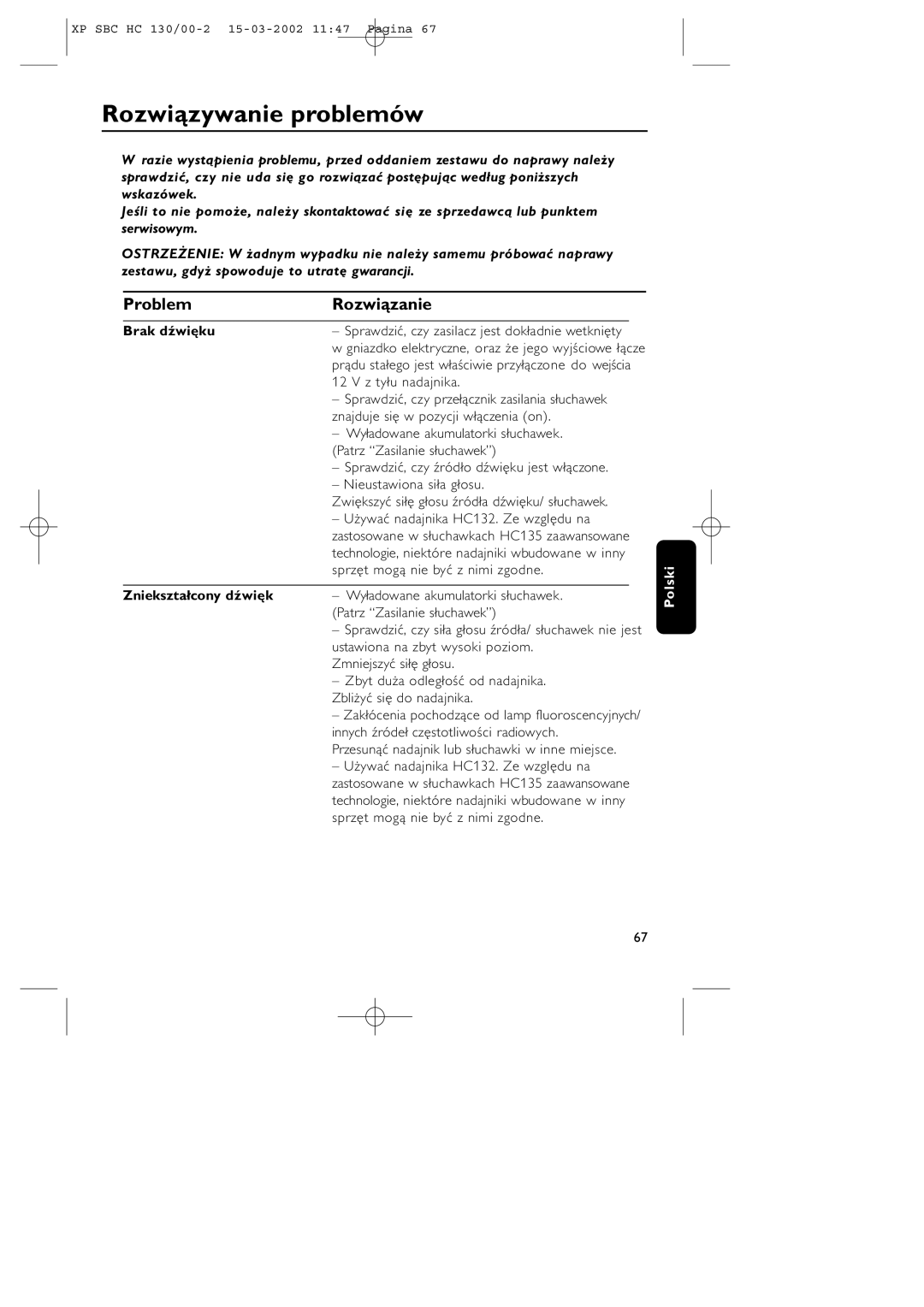 Philips SBC HC130 manual Rozwiązywanie problemów, Problem Rozwiązanie, Brak dźwięku, Zniekształcony dźwięk 