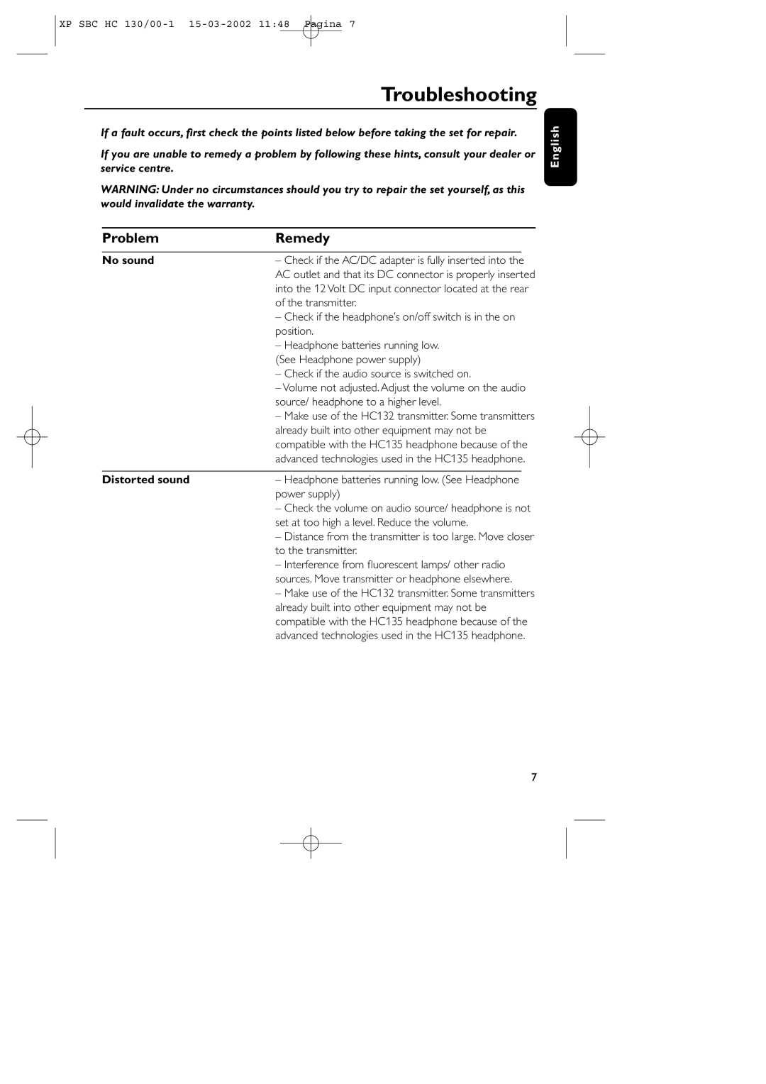 Philips SBC HC130 manual Troubleshooting, Problem Remedy, No sound, Distorted sound 