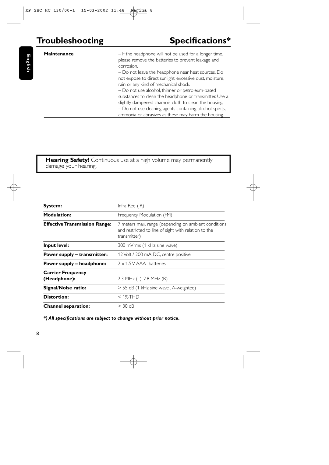 Philips SBC HC130 manual Speciﬁcations 