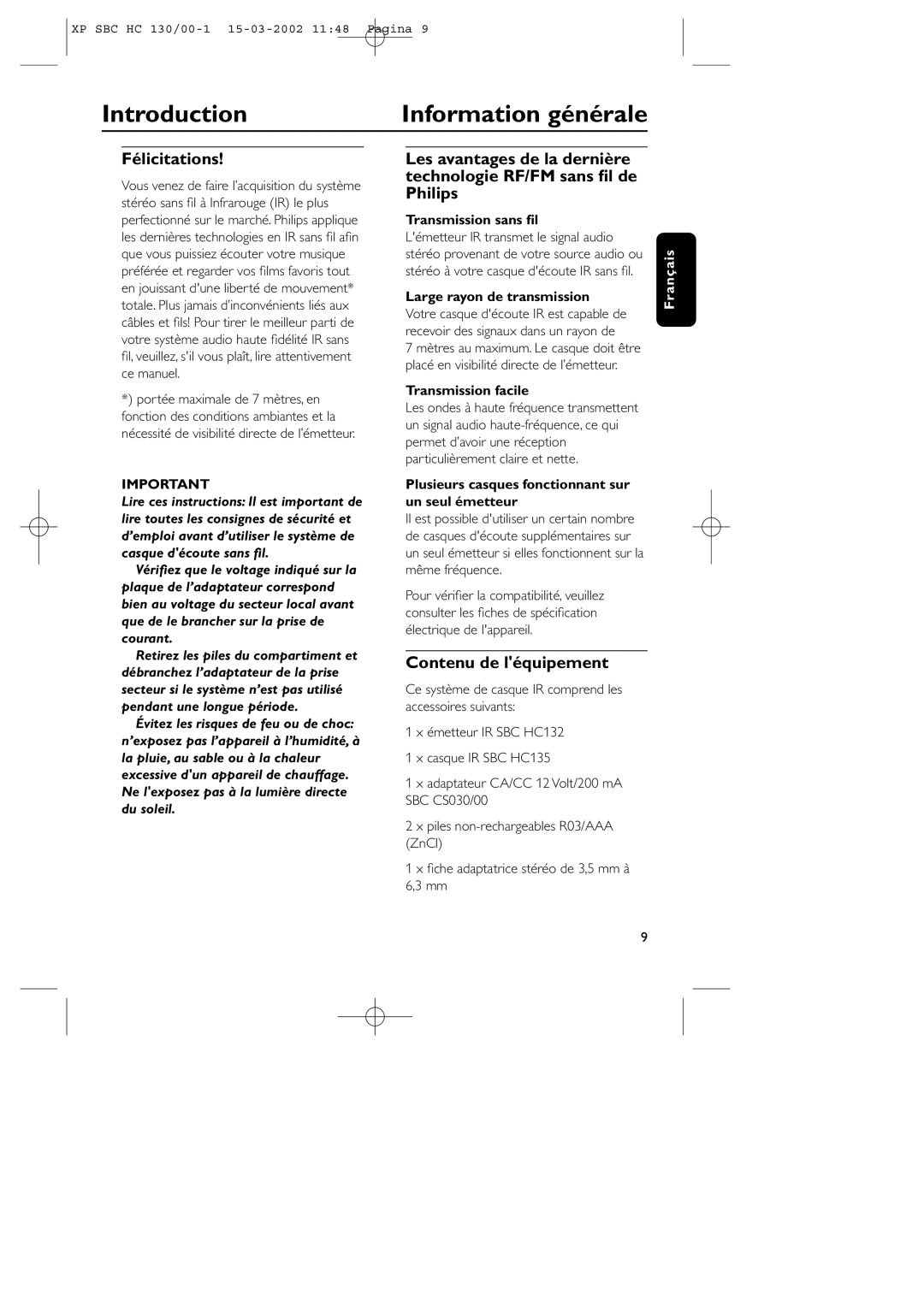 Philips SBC HC130 manual Introduction Information générale, Félicitations, Contenu de léquipement 