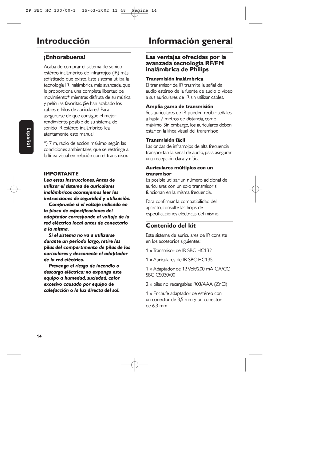Philips SBC HC130 manual Introducción, Información general, ¡Enhorabuena, Contenido del kit, Español, Importante 