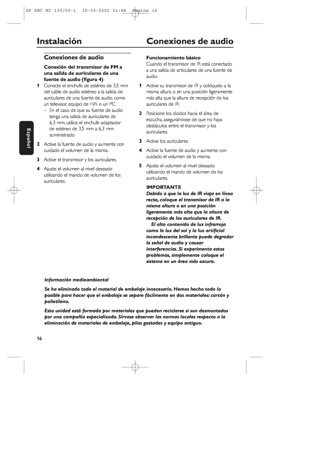 Philips SBC HC130 manual Instalación, Conexiones de audio, Español, Funcionamiento básico, Importante 