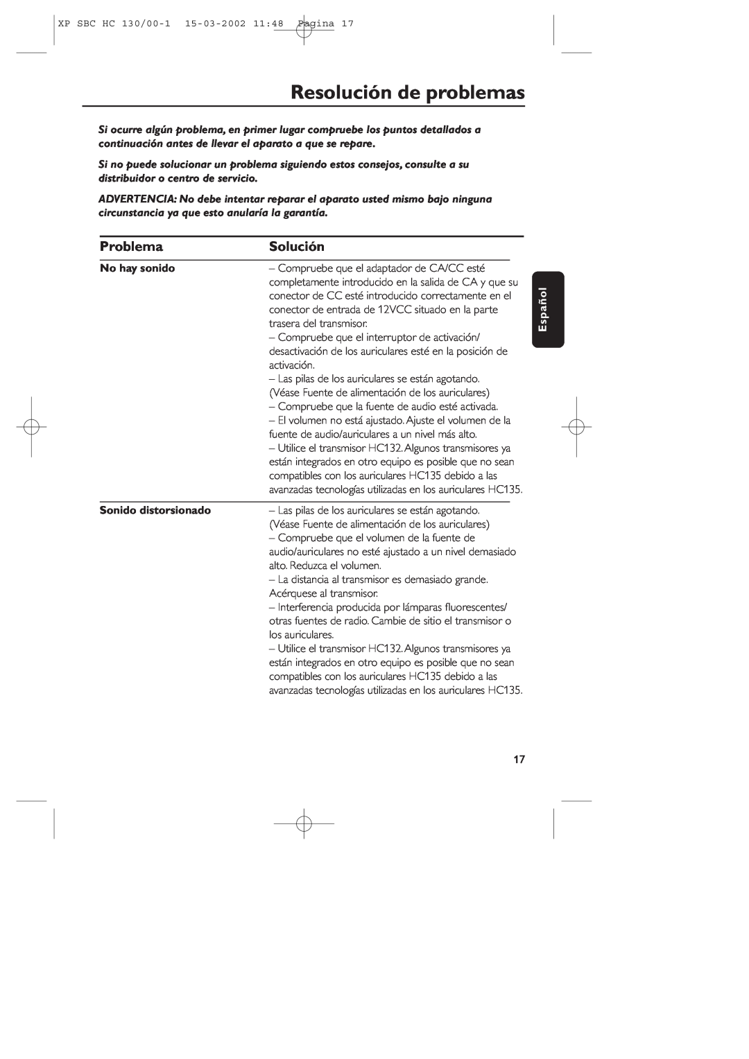Philips SBC HC130 manual Resolución de problemas, Problema, Solución, No hay sonido, Sonido distorsionado, Español 
