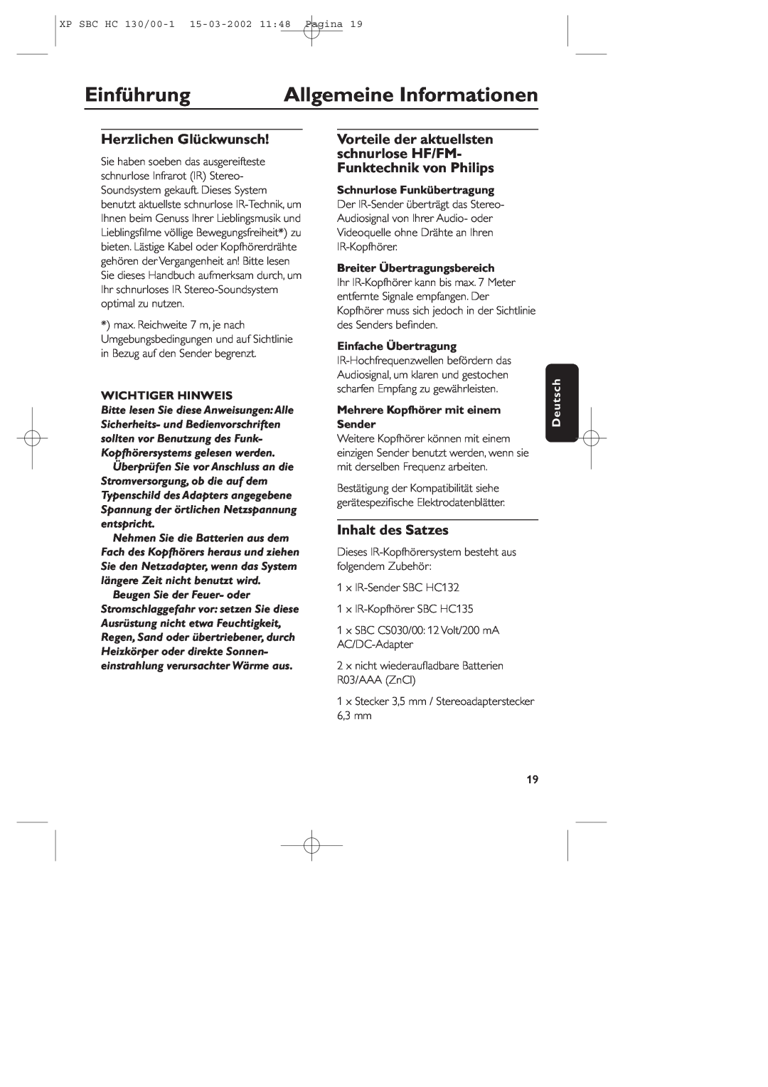 Philips SBC HC130 manual Einführung, Allgemeine Informationen, Herzlichen Glückwunsch, Inhalt des Satzes, Wichtiger Hinweis 