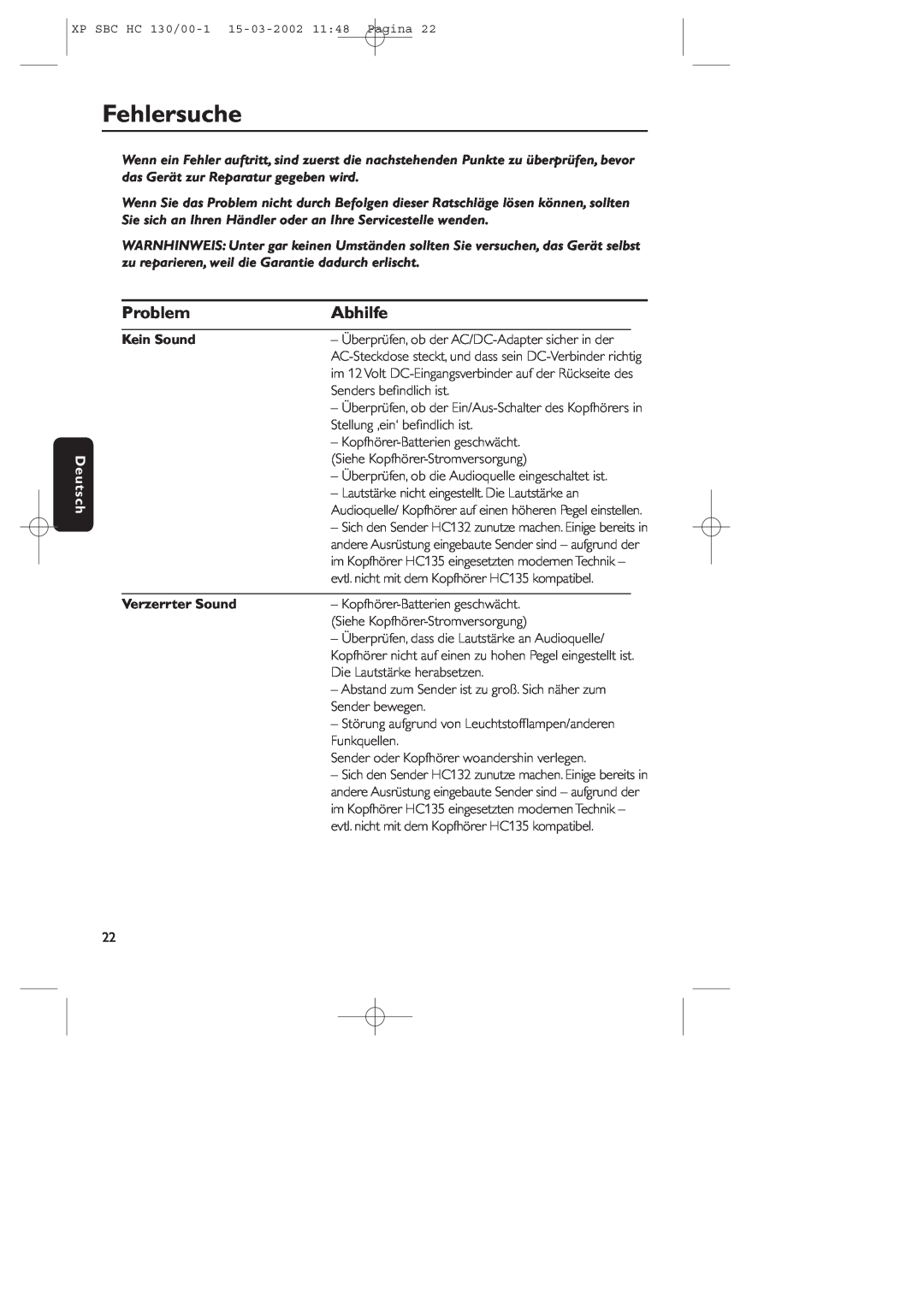Philips SBC HC130 manual Fehlersuche, Problem, Abhilfe, Deutsch, Kein Sound, Verzerrter Sound 