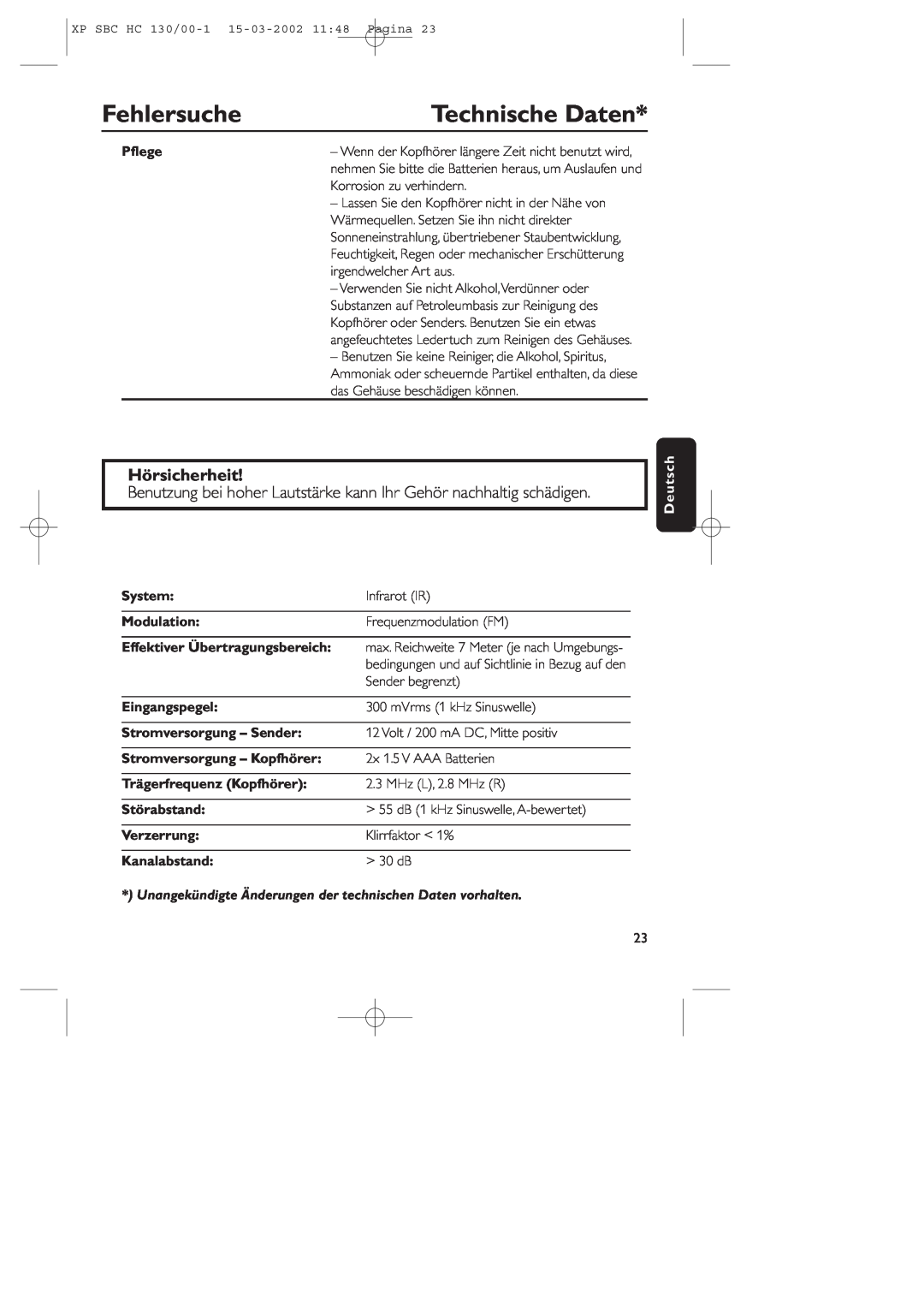Philips SBC HC130 manual Technische Daten, Fehlersuche, Hörsicherheit, Pﬂege, Deutsch, System, Modulation, Eingangspegel 