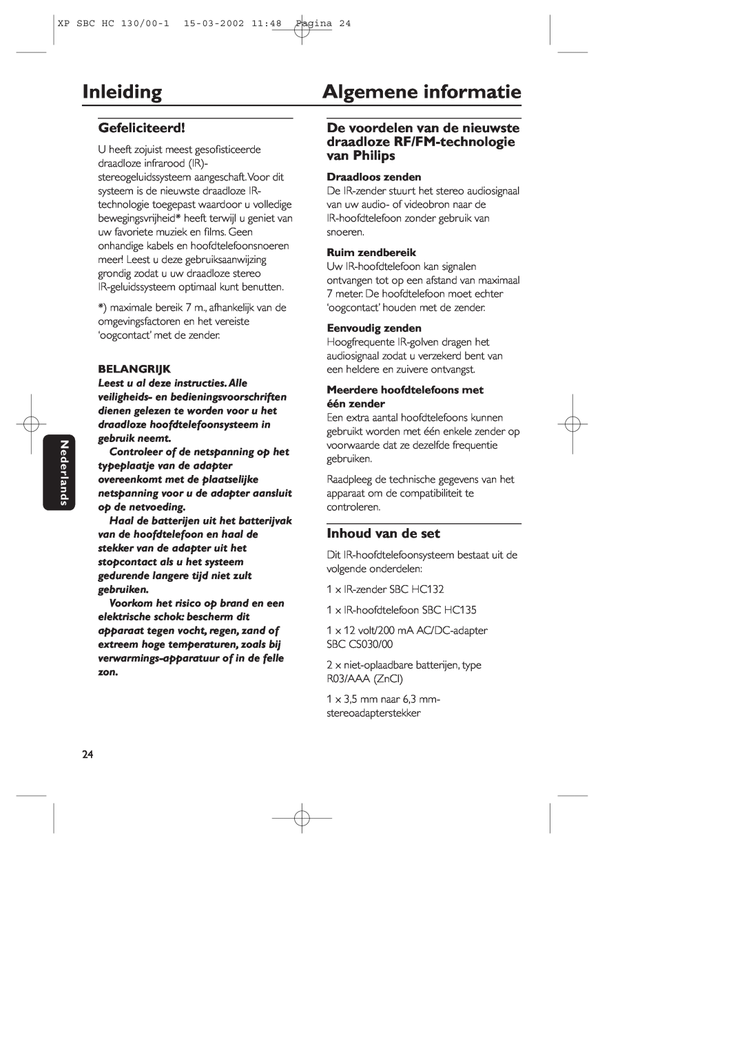 Philips SBC HC130 manual Inleiding, Algemene informatie, Gefeliciteerd, Inhoud van de set, Nederlands, Belangrijk 
