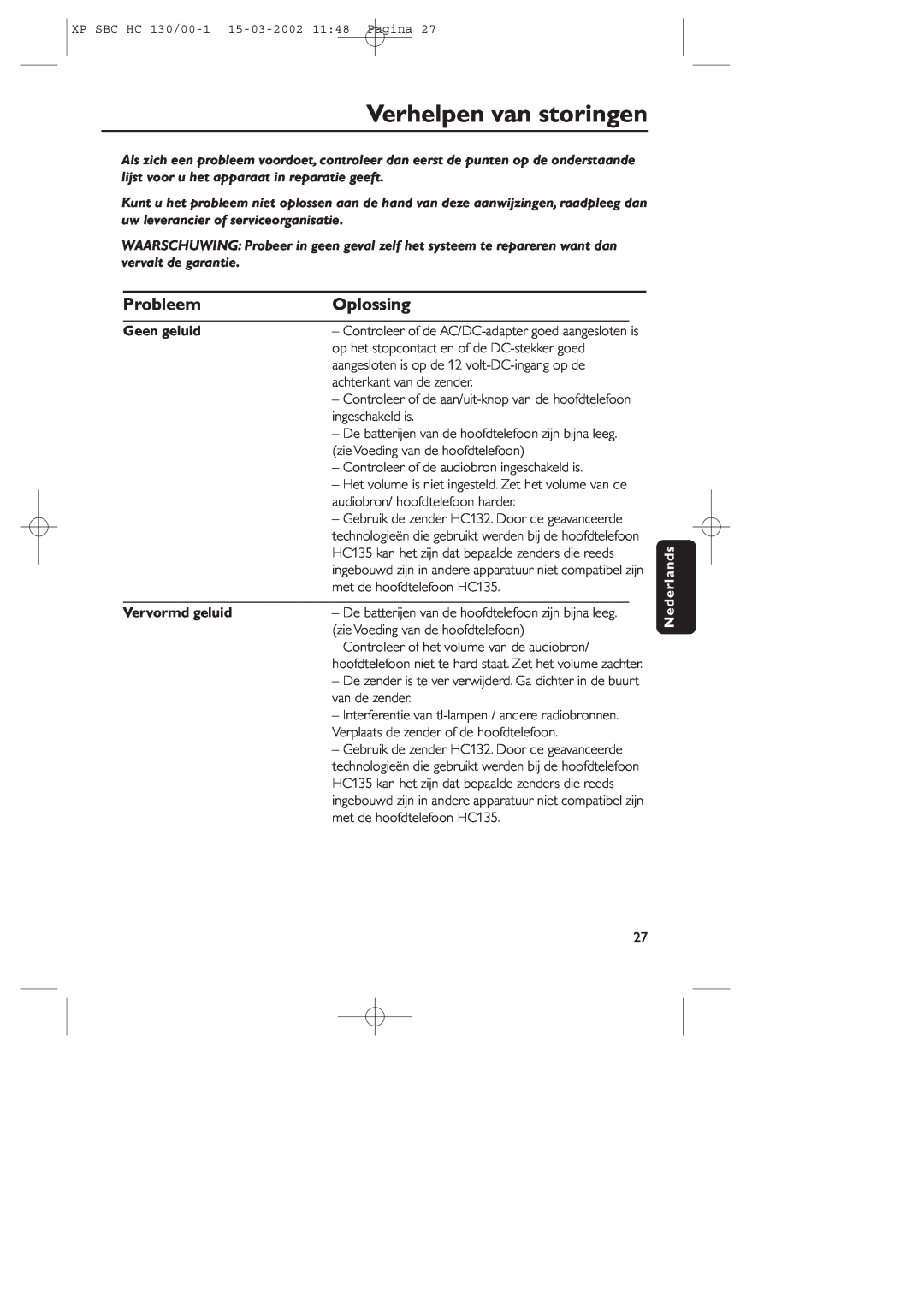 Philips SBC HC130 manual Verhelpen van storingen, Probleem, Oplossing, Geen geluid, Vervormd geluid, Nederlands 