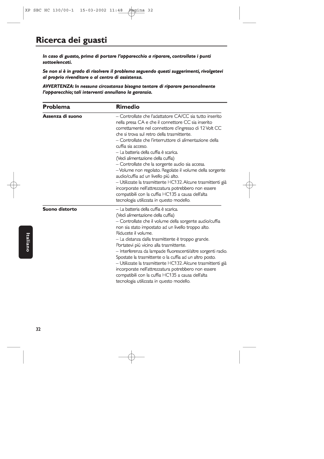 Philips SBC HC130 manual Ricerca dei guasti, Problema, Rimedio, Italiano, Assenza di suono, Suono distorto 