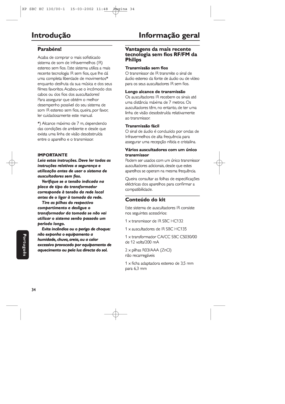 Philips SBC HC130 Introdução, Informação geral, Parabéns, Conteúdo do kit, Português, Importante, Transmissão sem ﬁos 