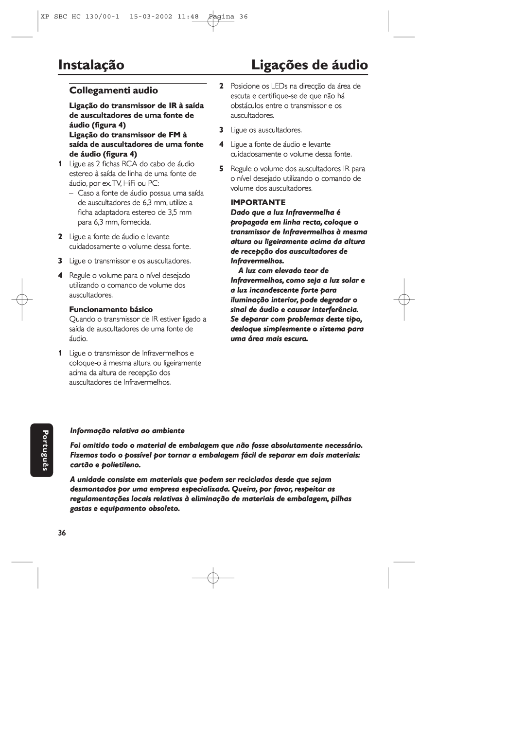 Philips SBC HC130 manual Instalação, Ligações de áudio, Collegamenti audio, Funcionamento básico, Importante, Português 