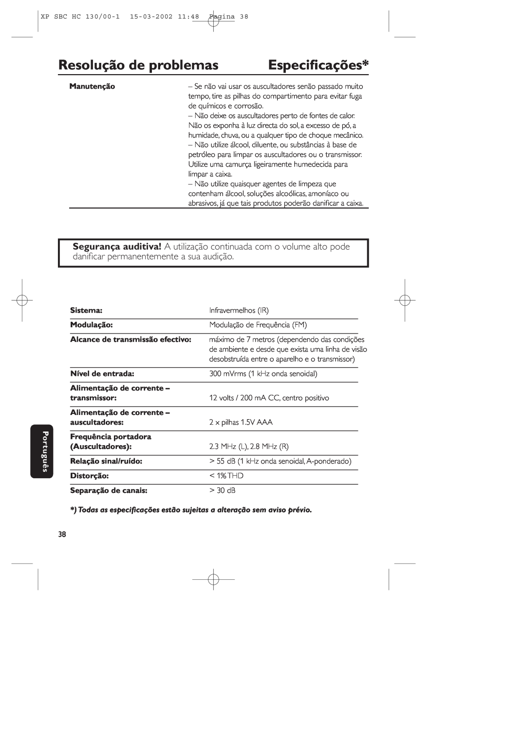 Philips SBC HC130 Especiﬁcações, Resolução de problemas, Manutenção, Português, Sistema, Infravermelhos IR, Modulação 