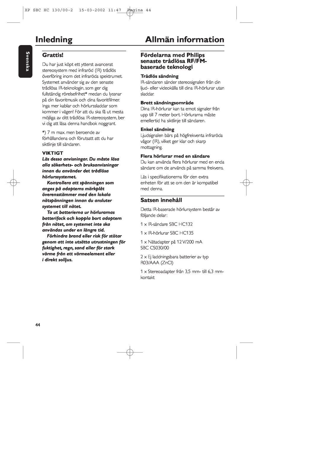 Philips SBC HC130 manual Inledning, Allmän information, Grattis, Satsen innehåll, Svenska, Viktigt, Trådlös sändning 