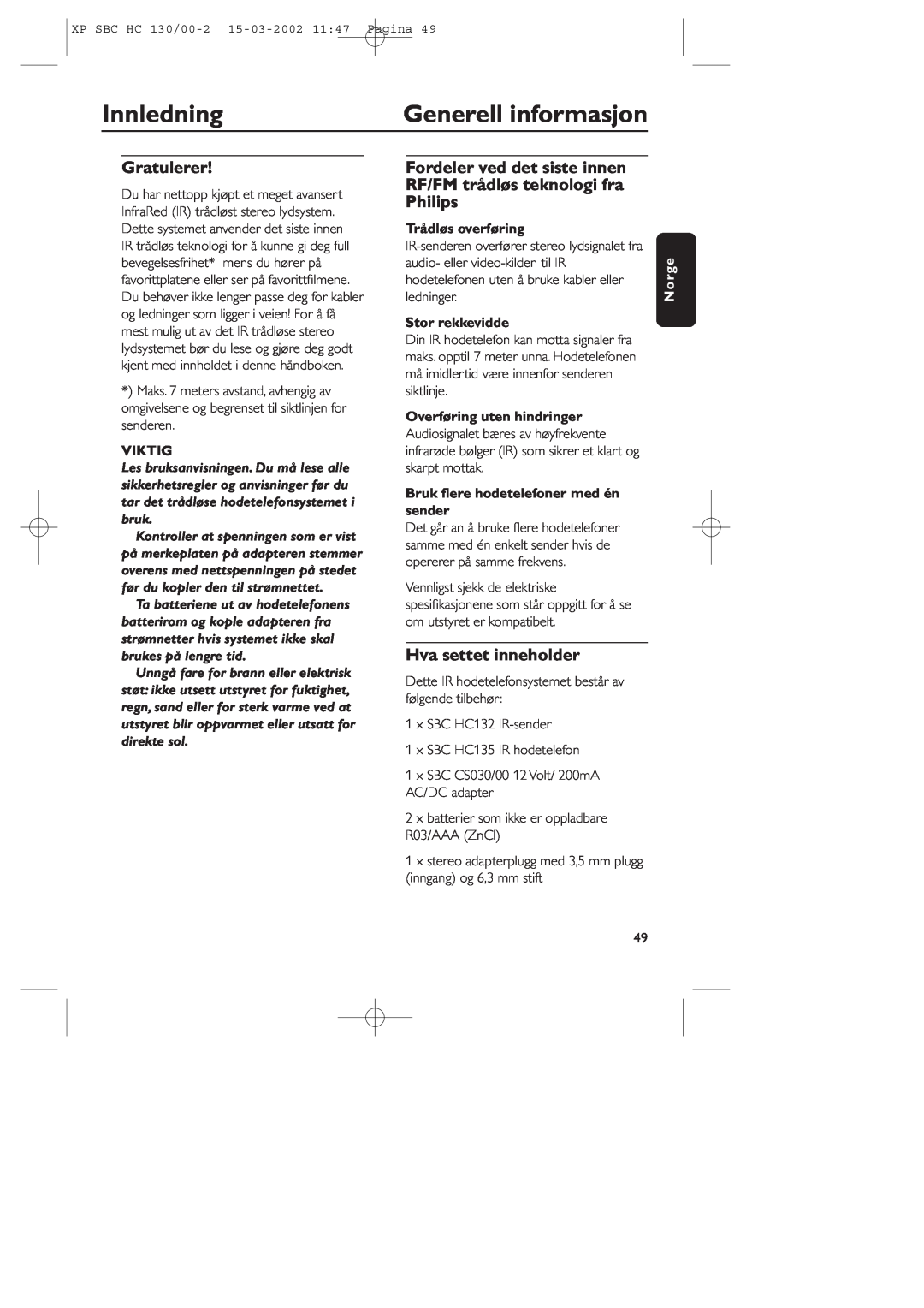 Philips SBC HC130 Innledning, Generell informasjon, Gratulerer, Hva settet inneholder, Viktig, Trådløs overføring, Norge 